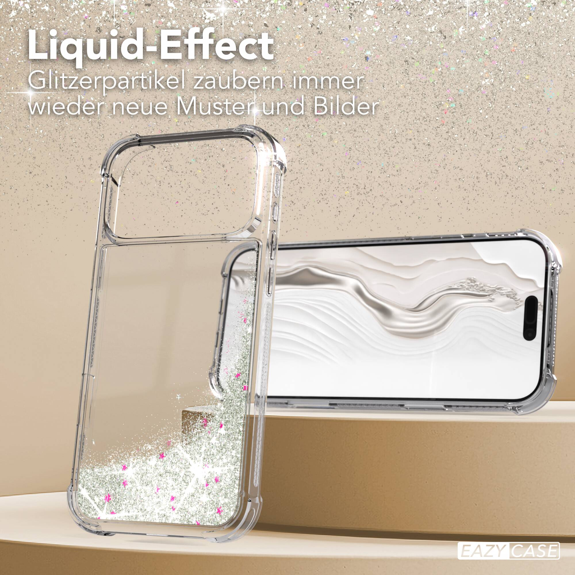 Eine transparente Handysülle mit schwimmendem Silberglitter und rosa Sternen vor glitzerndem Hintergrund.