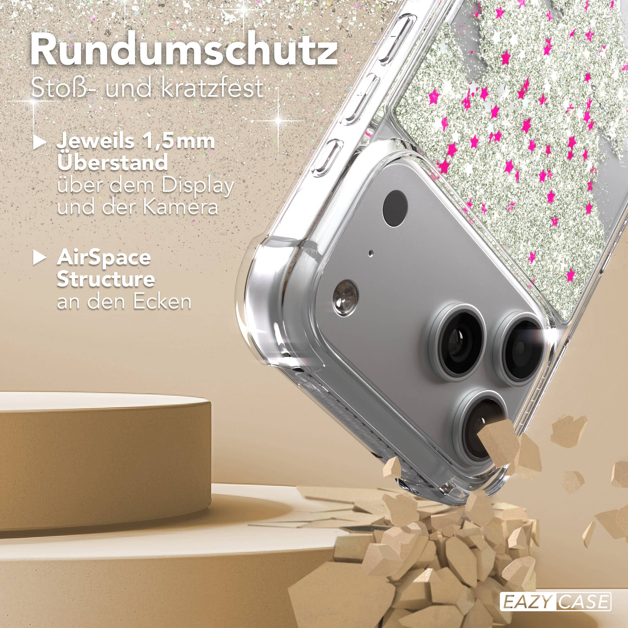 Eine transparente Glitzer-Handyhülle auf einem Smartphone mit deutschem Text und herabfallenden Trümmern.