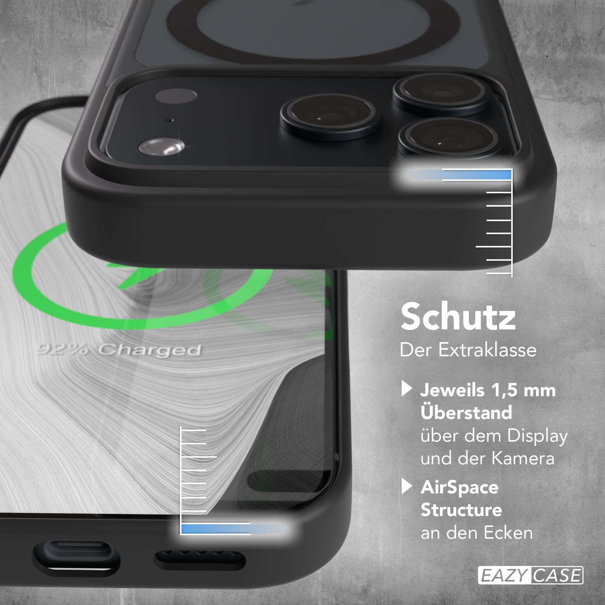 Smartphone in schwarzer Schutzhülle mit Detailmaßen für Display- und Kameraüberstand.
