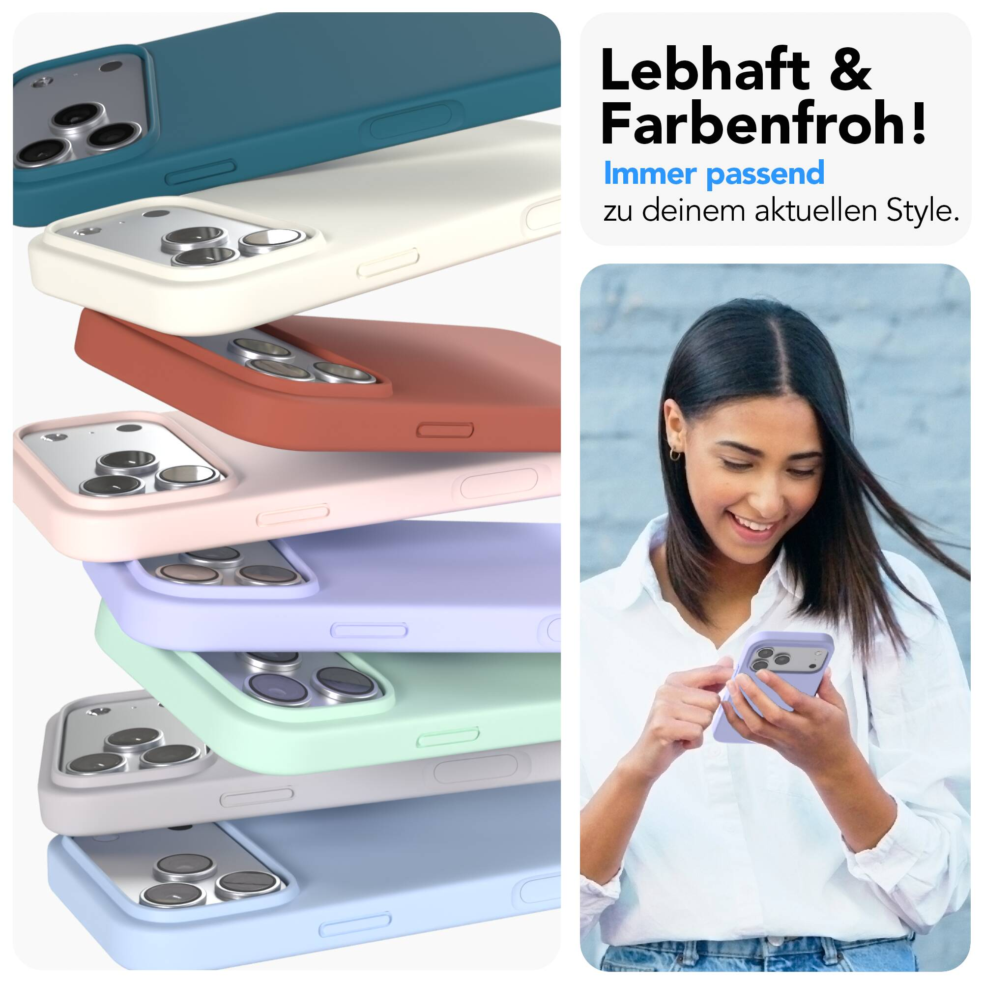 Stapel verschiedenfarbiger iPhone-Hüllen und eine lächelnde Frau, die ein Handy benutzt.