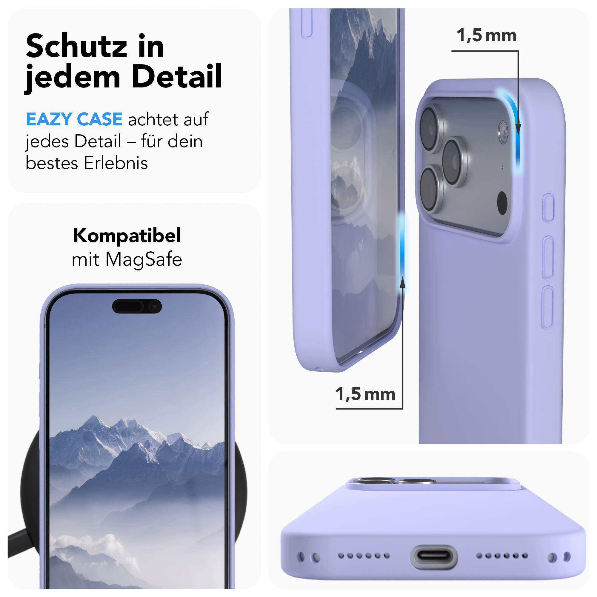 Vier Ansichten einer helllila Hülle auf einem Smartphone mit 1.5 mm erhöhtem Rand und MagSafe-Kompatibilität.