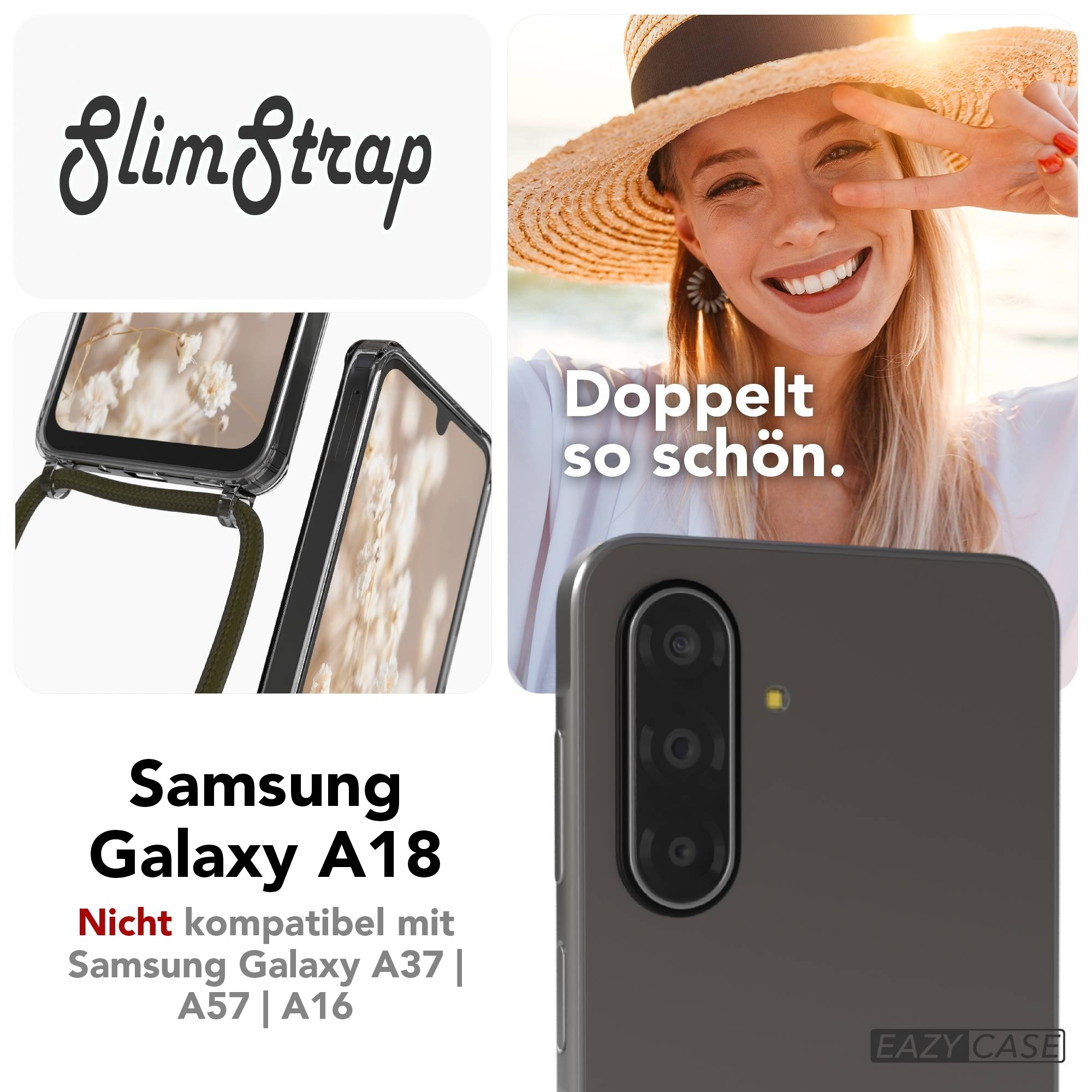 Werbebild für Samsung Galaxy A18 Hülle mit Text und smiling Frau in Strohhut.