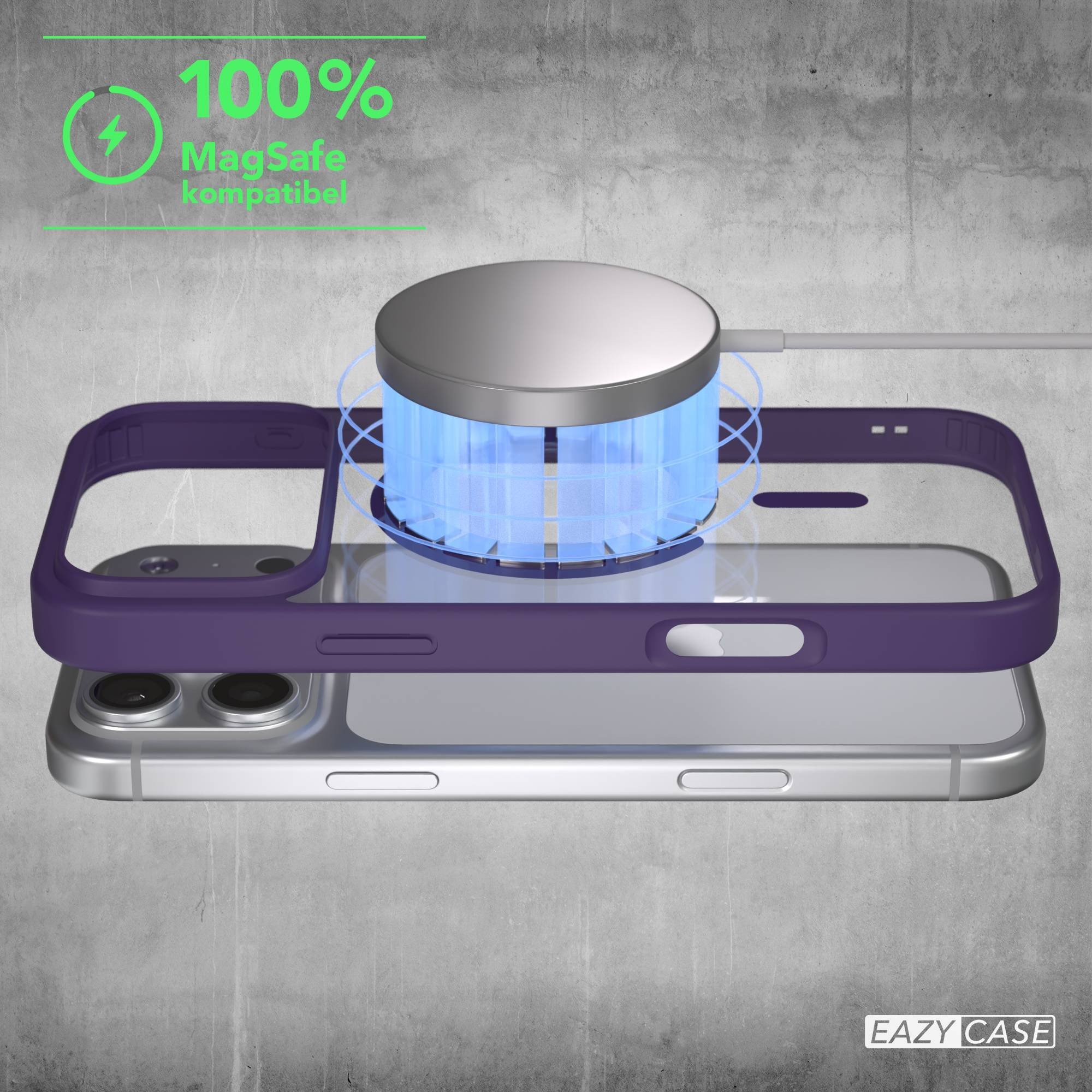 MagSafe-kompatible Ladescheibe über einer violetten Handyhülle auf einem Smartphone mit grauem Betonhintergrund.