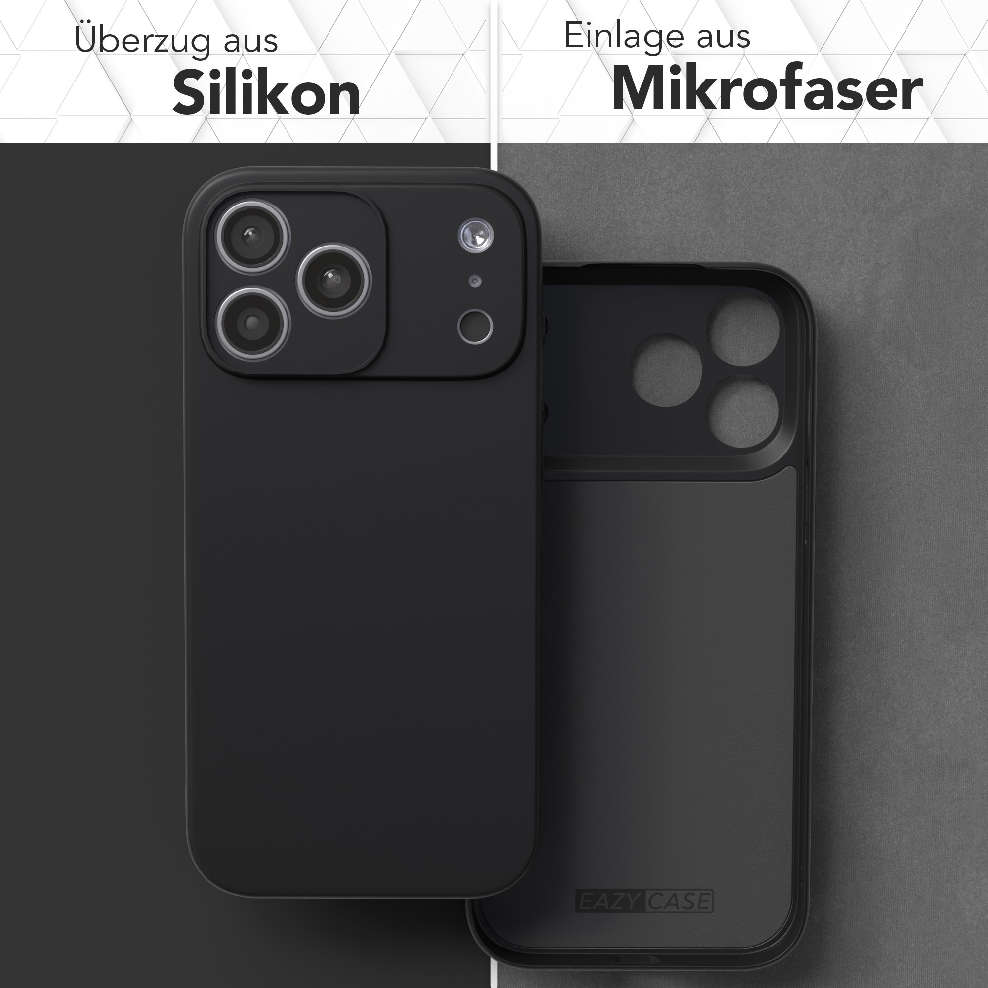 Eine schwarze Smartphone-Hülle mit Silikonaußenseite und Mikrofasereinlage vor grauem Hintergrund.