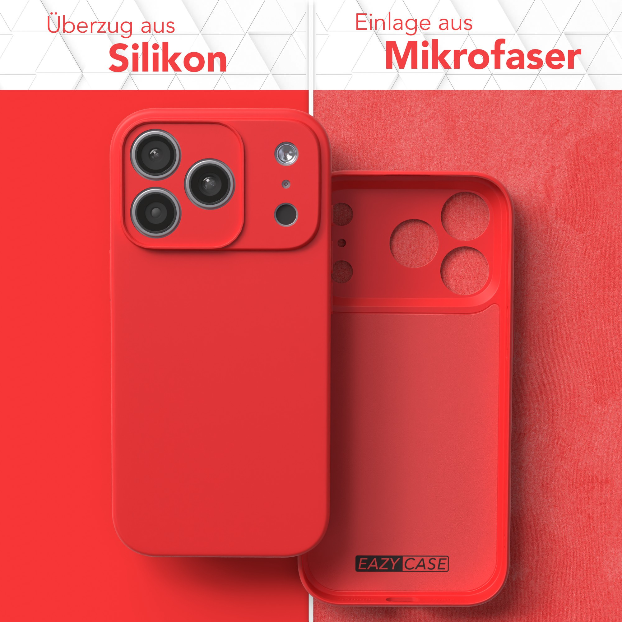 Rote Silikon-Handyhülle mit Mikrofasereinlage und Eazy Case Logo auf rotem Hintergrund.