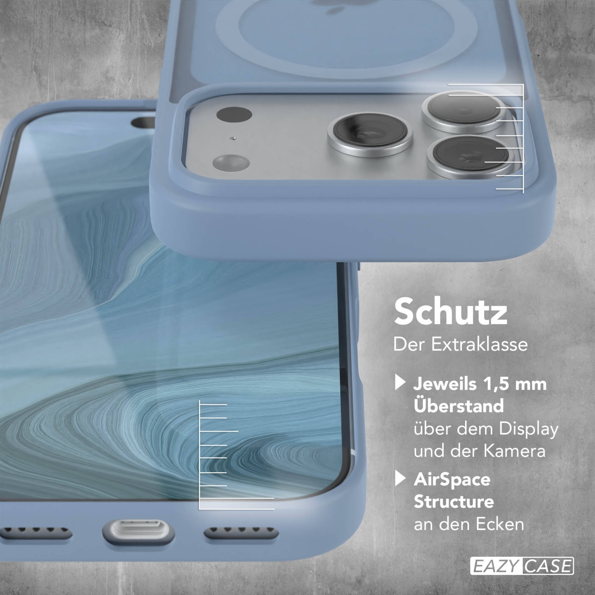Blaue Smartphone-Hülle mit Schutzrand um Display und Kamera sowie deutscher Text.
