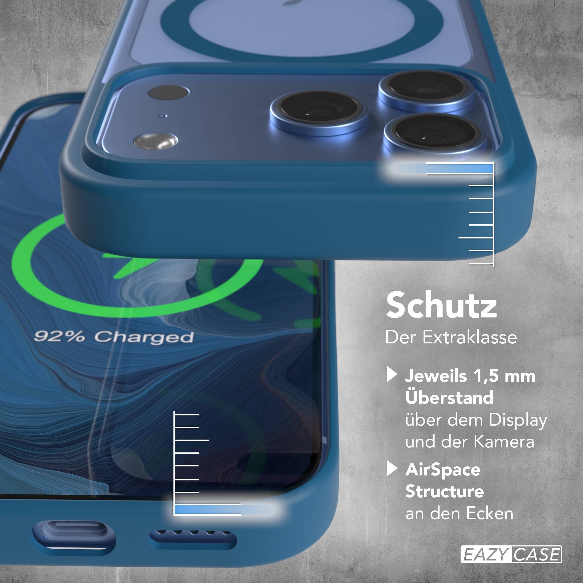 Blaue Handyhülle mit Kamera- und Display-Schutz und deutscher Beschriftung.