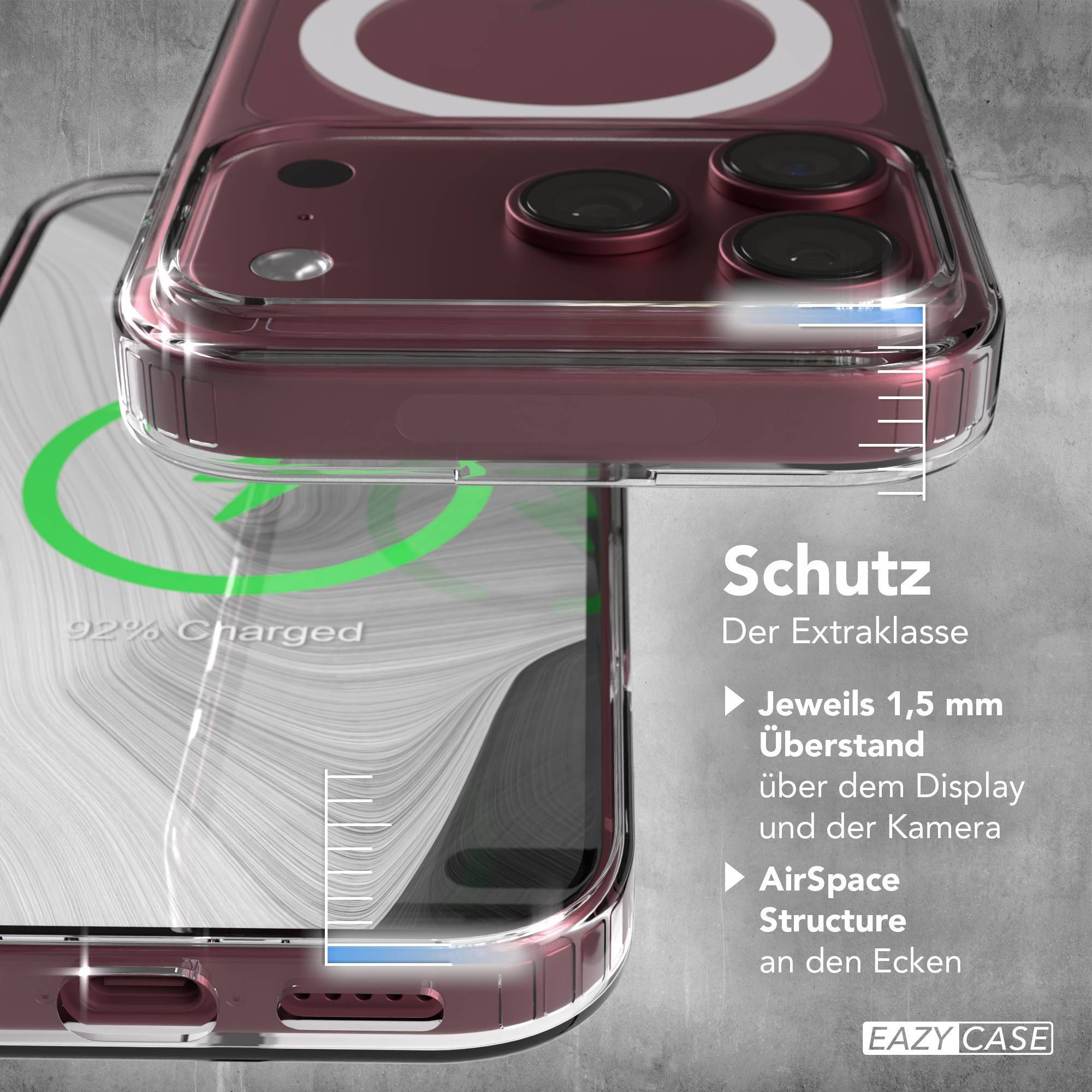 Nahaufnahme einer durchsichtigen Schutzhülle auf einem roten Smartphone mit Kamera und Ladeanzeige.