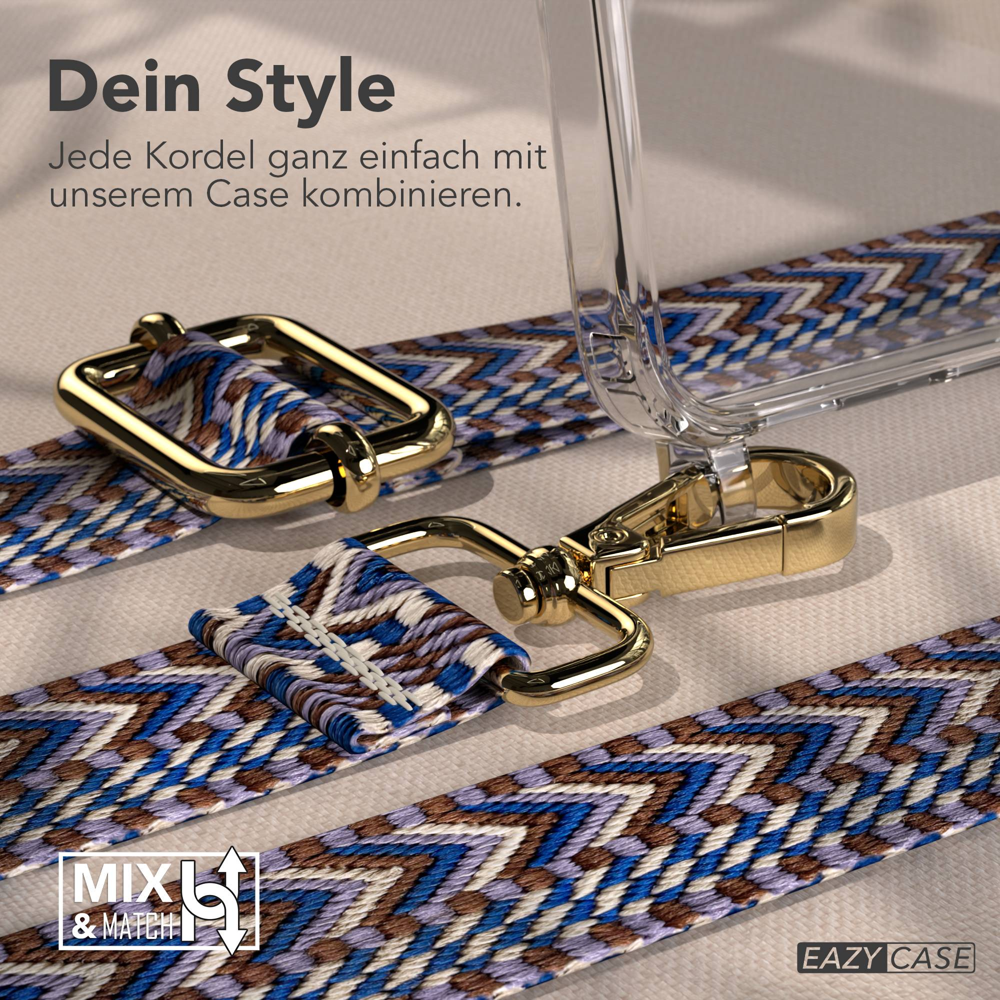 Transparente Handyhülle mit blau-braun gemustertem Gurt und goldenen Metallelementen.