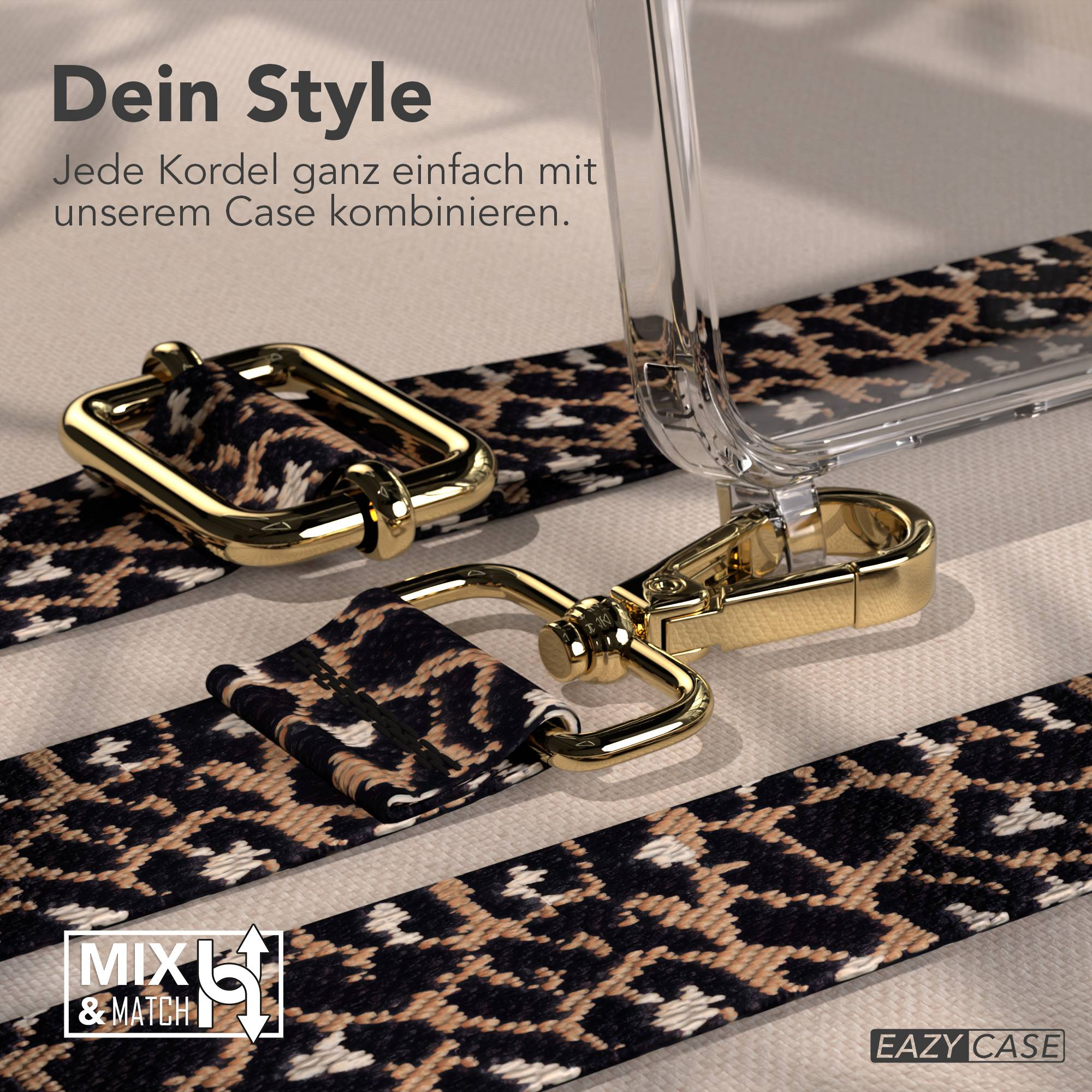 Transparente Handyhülle mit beiger-brauner Animal-Print-Kordel und goldenen Metallteilen.