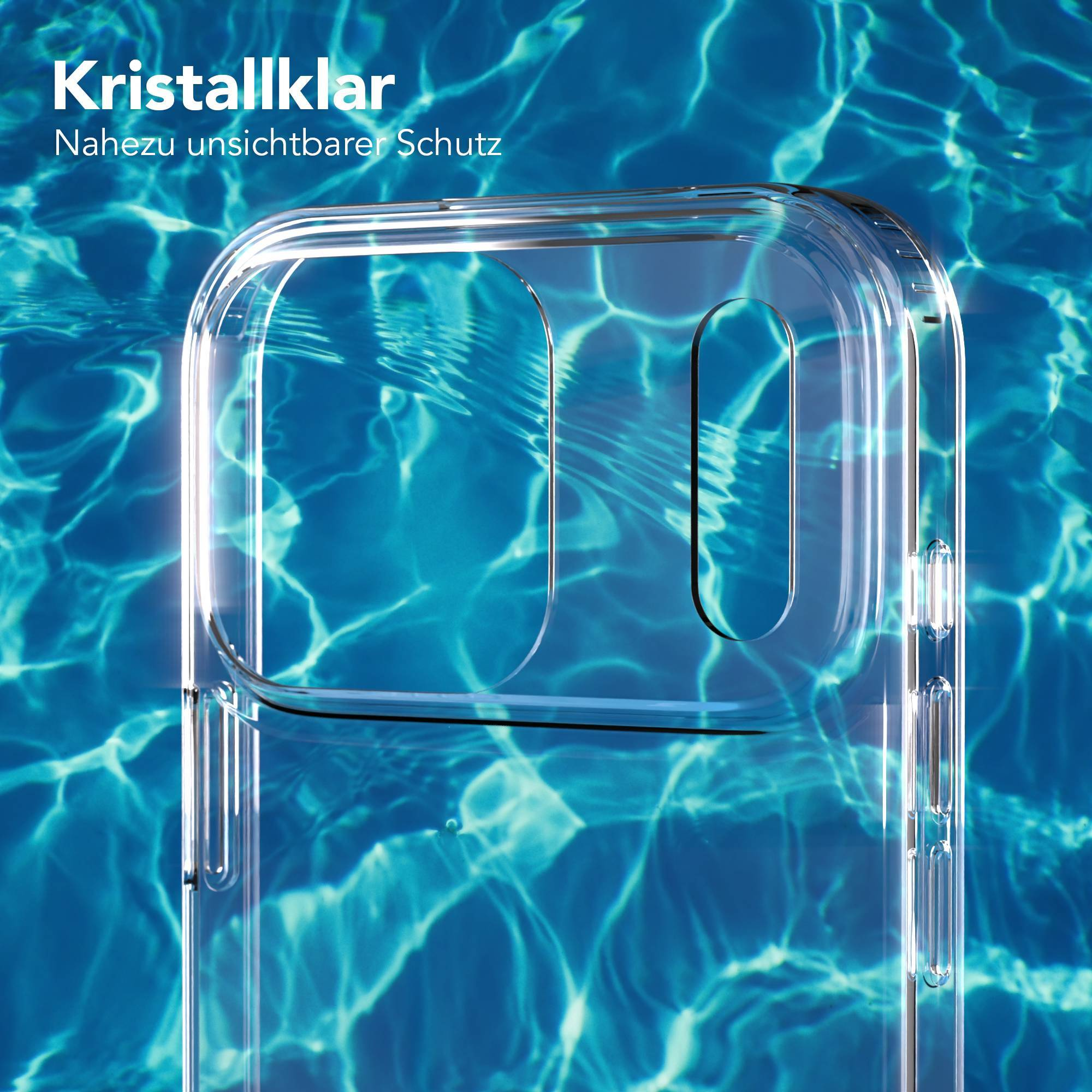Kristallklare, transparente Handyhülle vor blauem, glitzerndem Wasser.