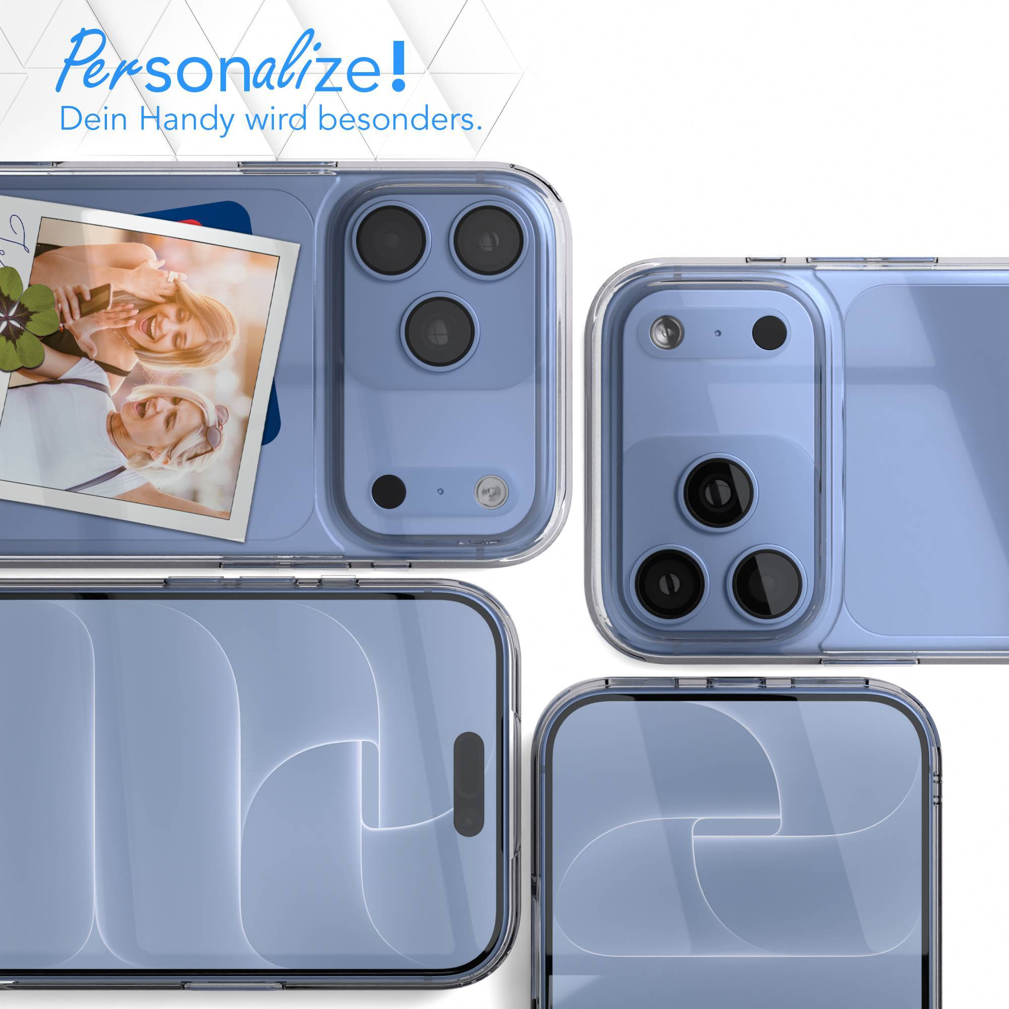 Verschiedene Ansichten von blauen Smartphones in transparenten Hüllen mit einem Foto auf der Rückseite.