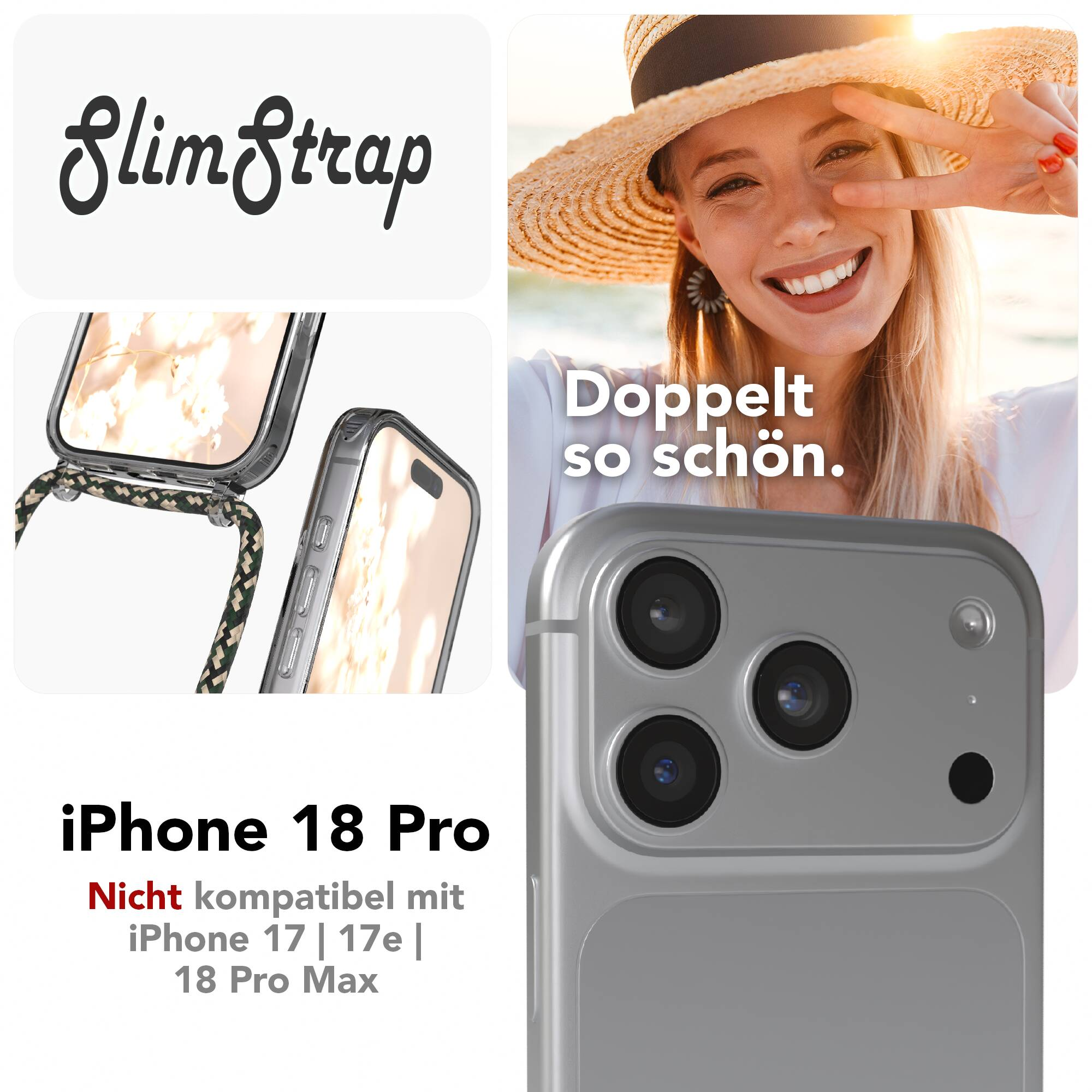 SlimStrap für iPhone 18 Pro mit Bild einer Frau, Smartphone-Hülle und Kameramodul.