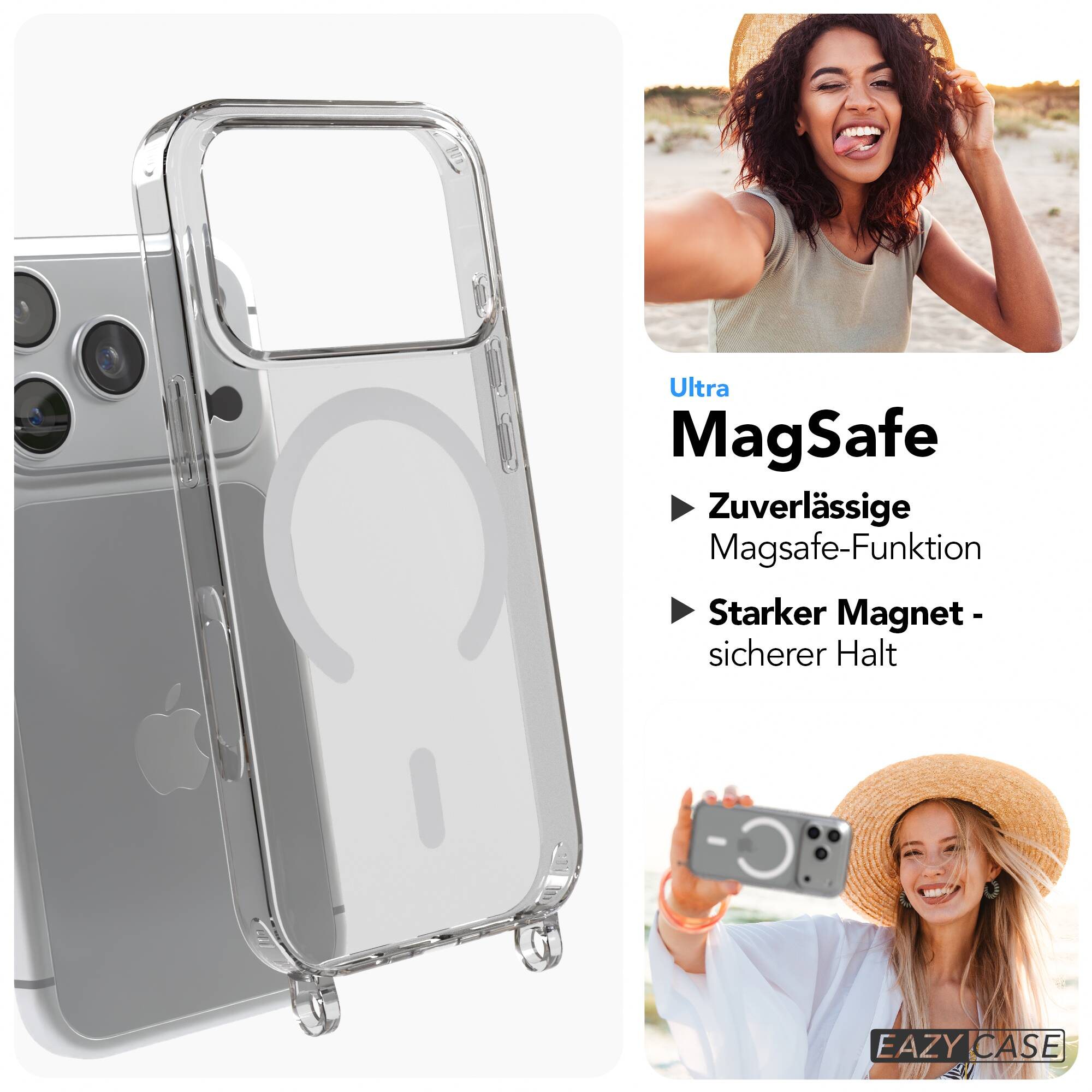 Transparente MagSafe Handyhülle mit Ösen und Frauen die Selfies machen.