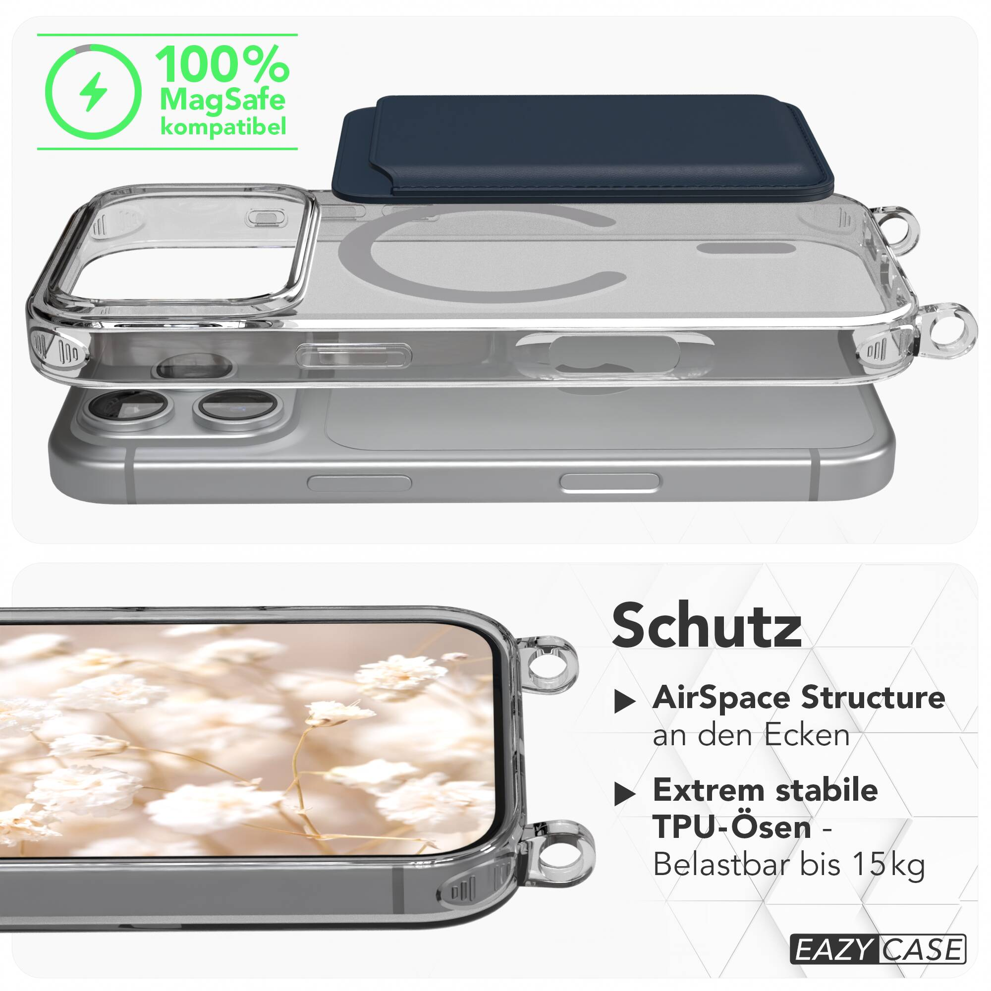 Transparente Handyhülle mit MagSafe und integrierten Ösen für Stabilität und Schutz.