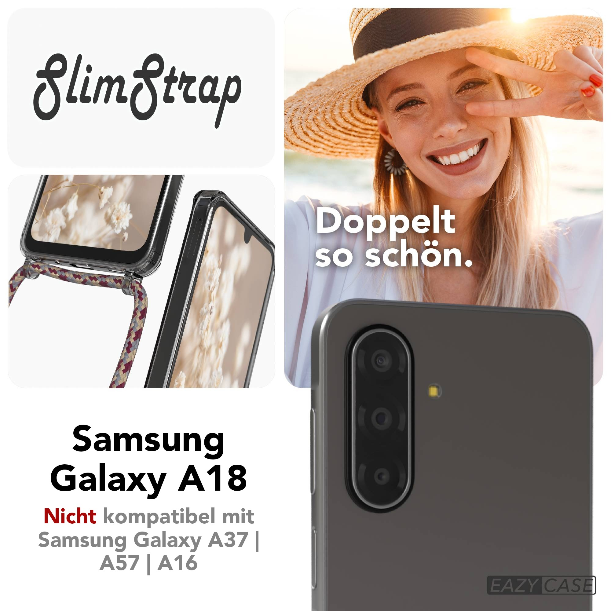 Samsung Galaxy A18 Hülle mit Band und glücklicher Frau.