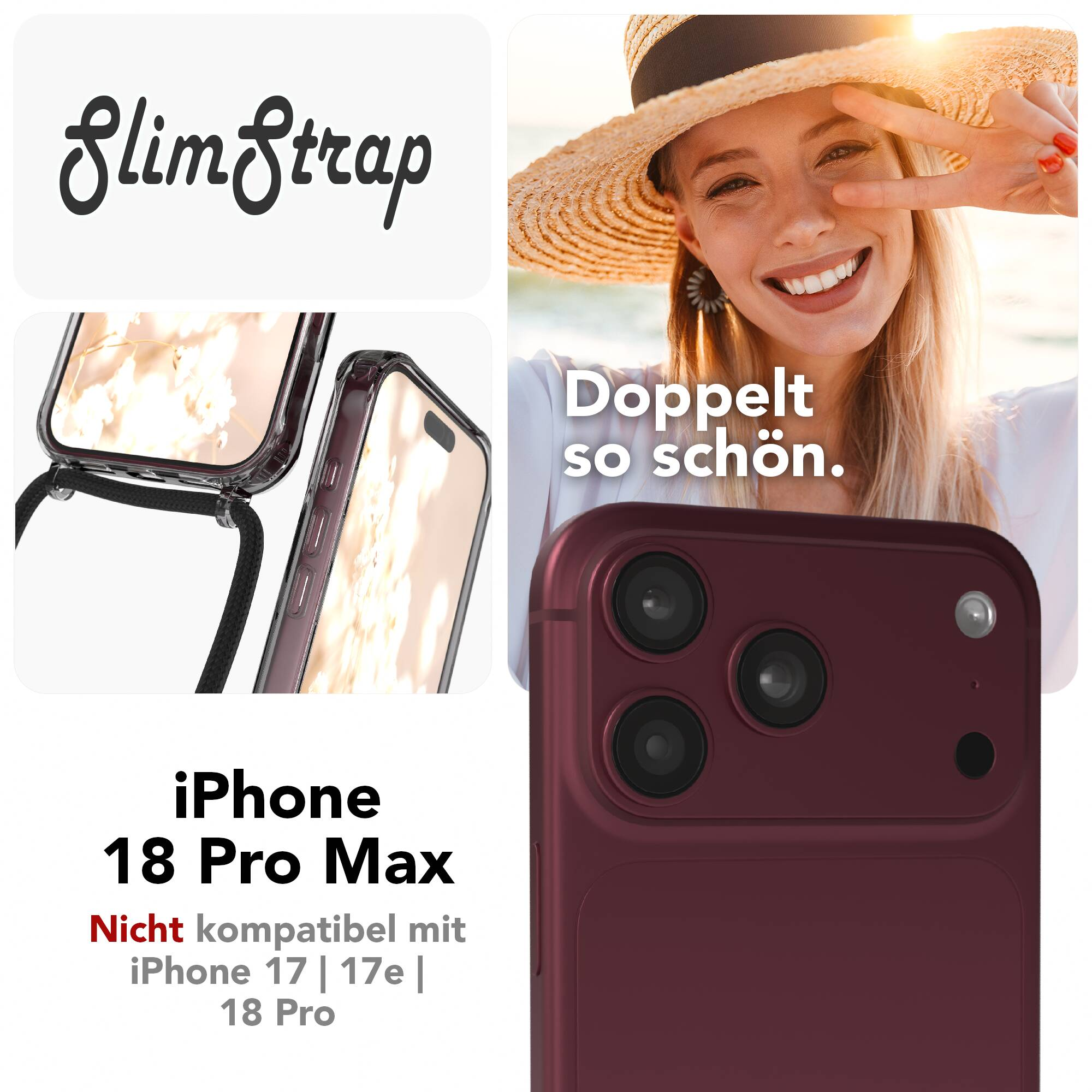 SlimStrap Handyhülle für iPhone 18 Pro Max mit Texten, einem Smartphone mit Band und einer lächelnden Frau.