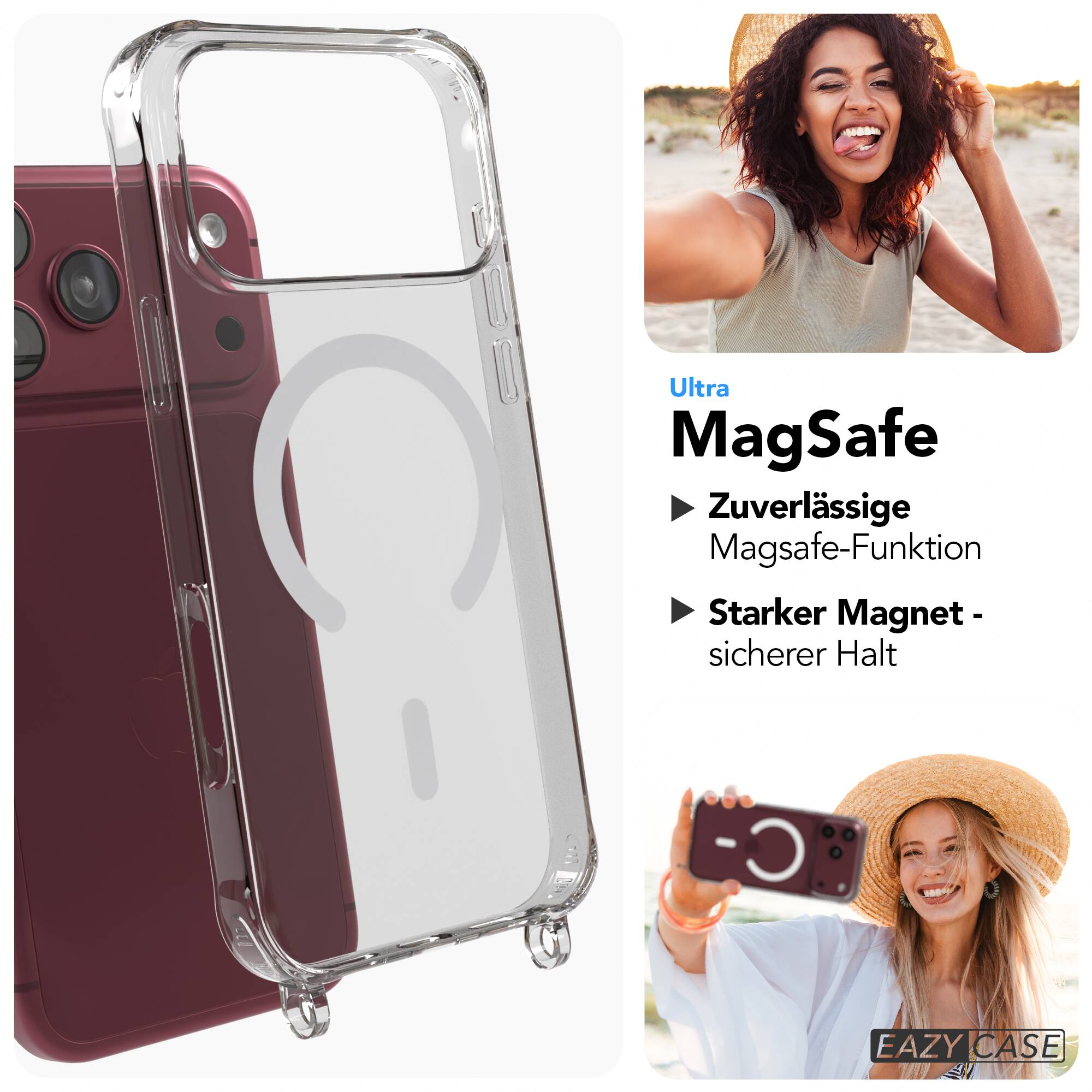 Transparente MagSafe Handytülle mit rotem Handy und Frauen bei Selfies.