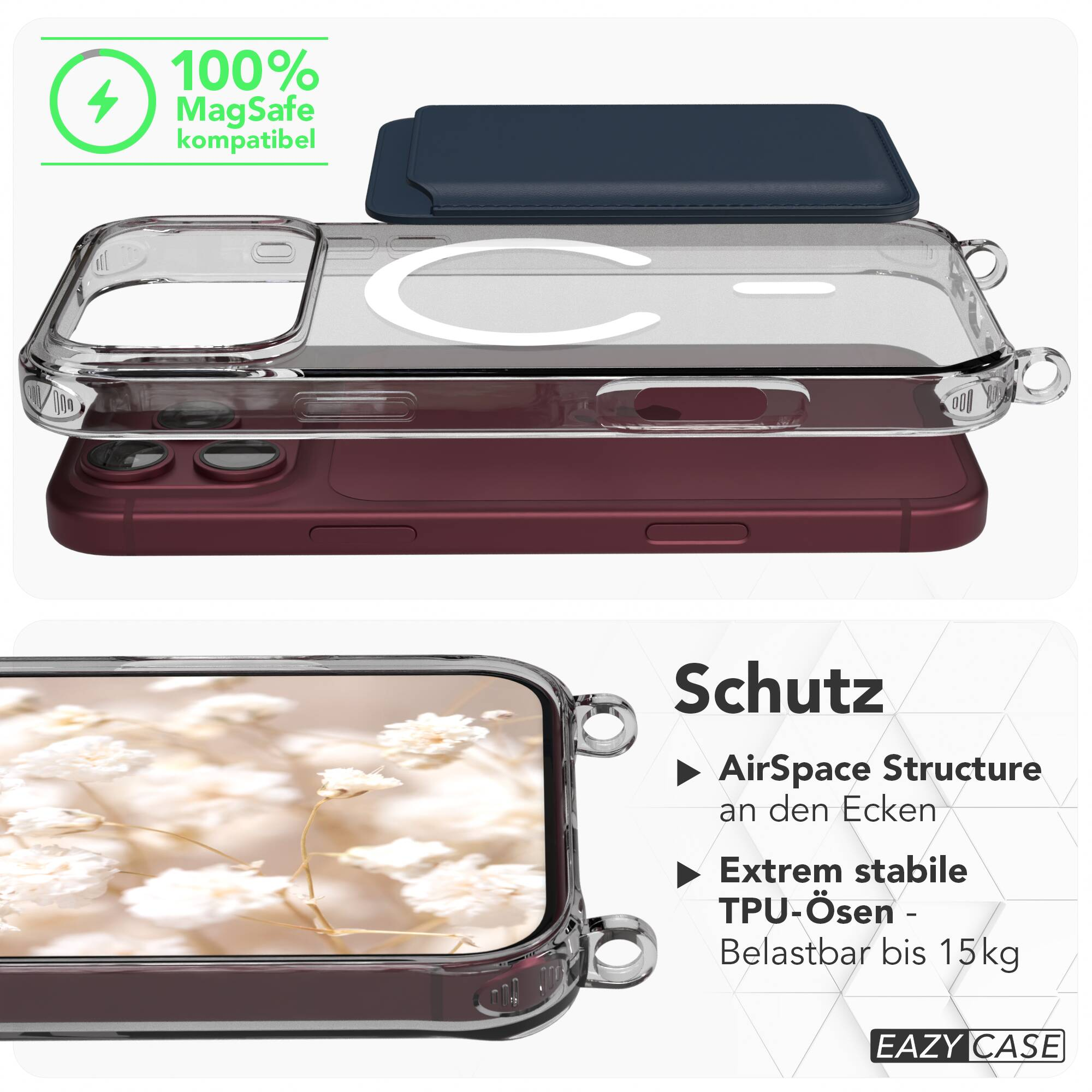 Transparente Handyhülle mit MagSafe-Ring und Ösen, gezeigt mit bordeauxrotem Telefon und blauer Wallet.
