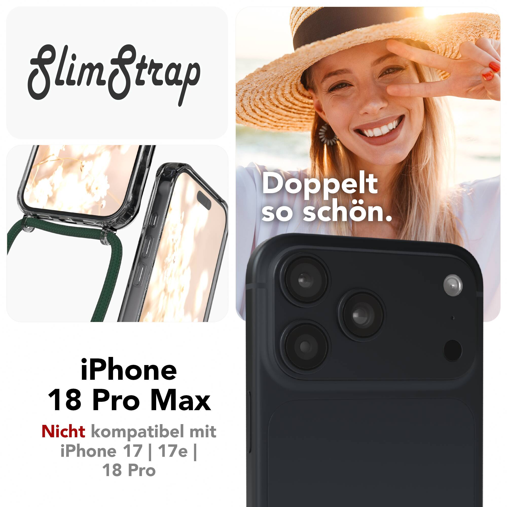 Werbebild für SlimStrap-Handyhüllen mit einer lächelnden Frau, Produktansichten und iPhone-Modellinfos.