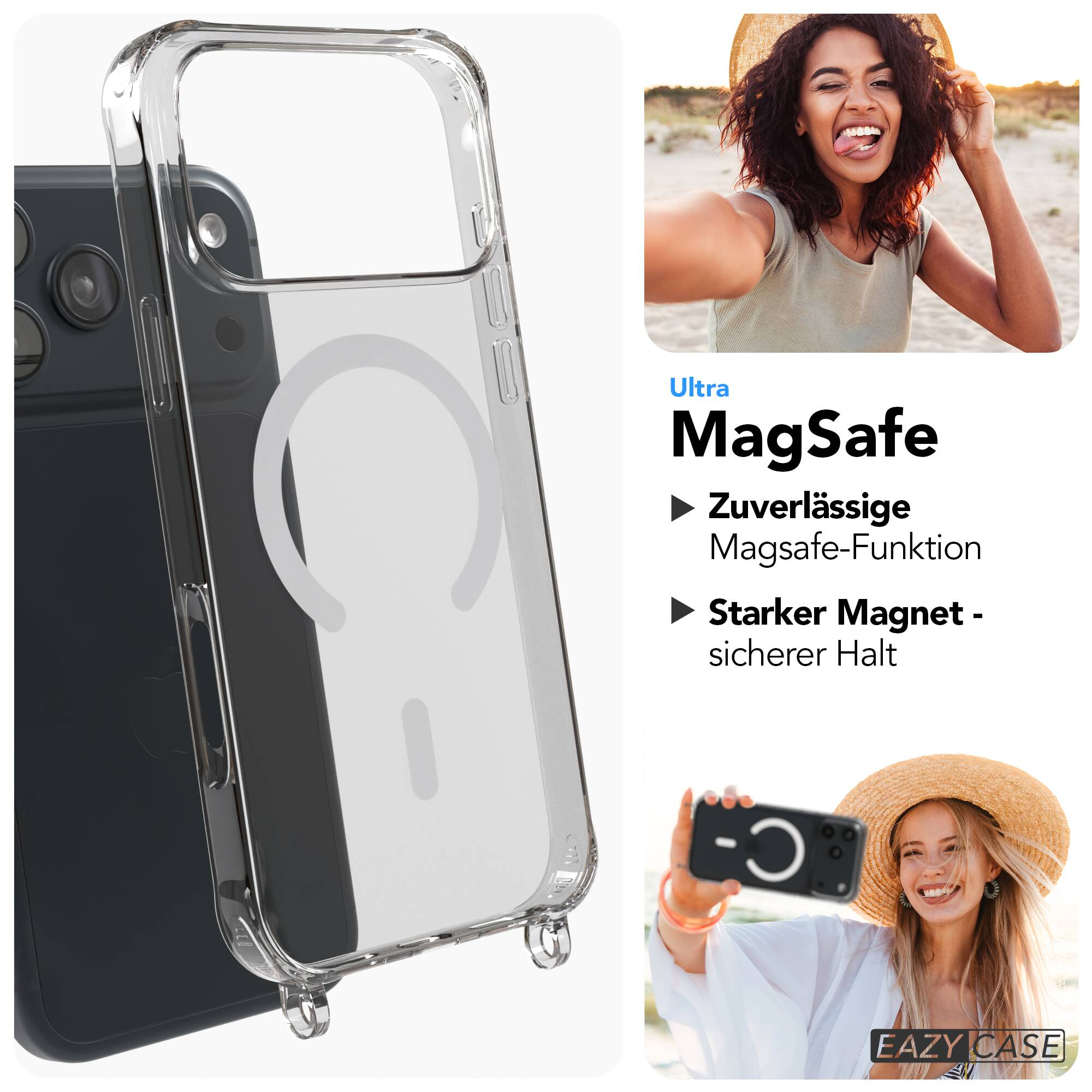 Eine transparente MagSafe-Handyhülle mit Werbetext und zwei lächelnden Frauen, die Selfies am Strand machen.