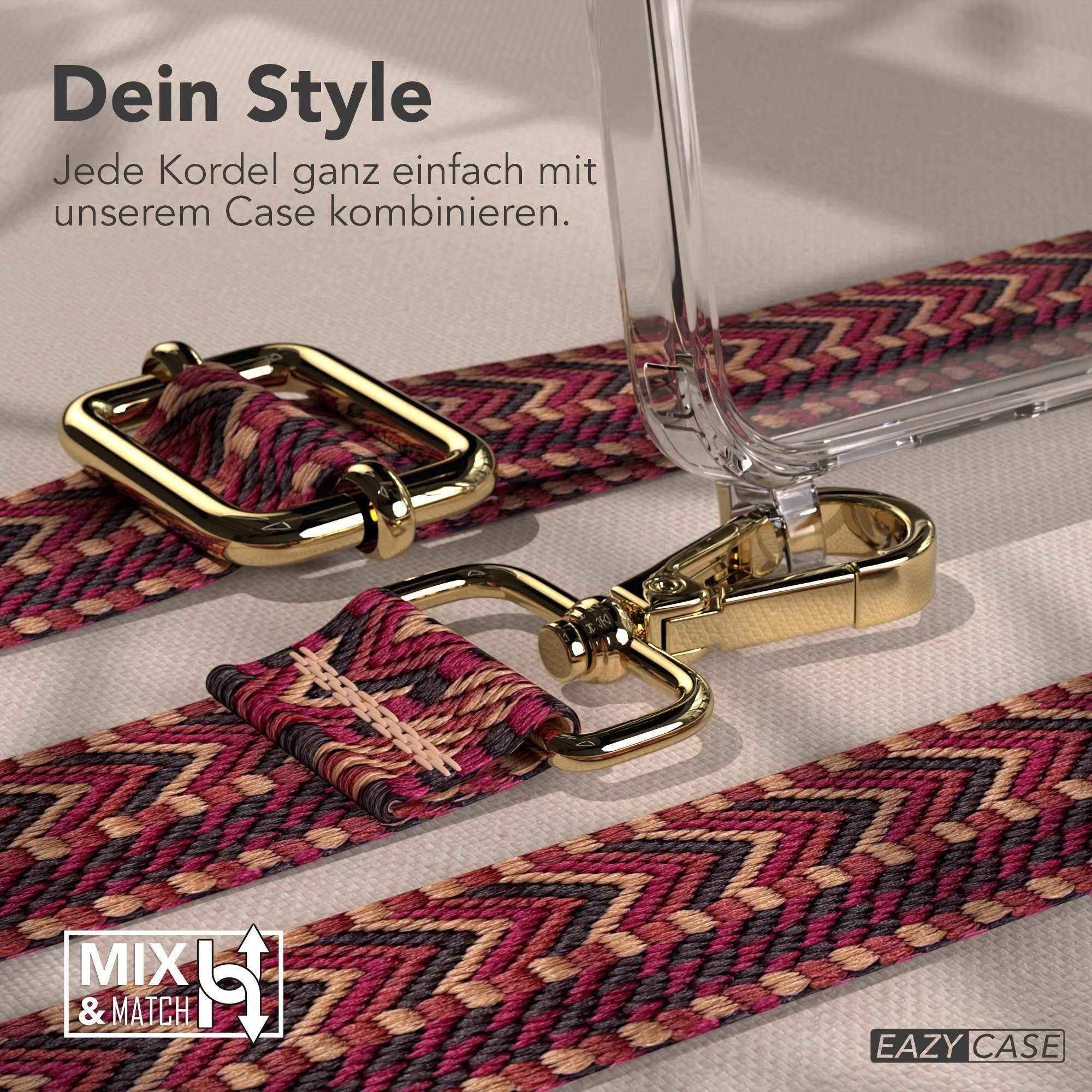 Transparente Handyhülle mit einem gemusterten rot-schwarzen Gurt mit goldenen Verschlüssen.
