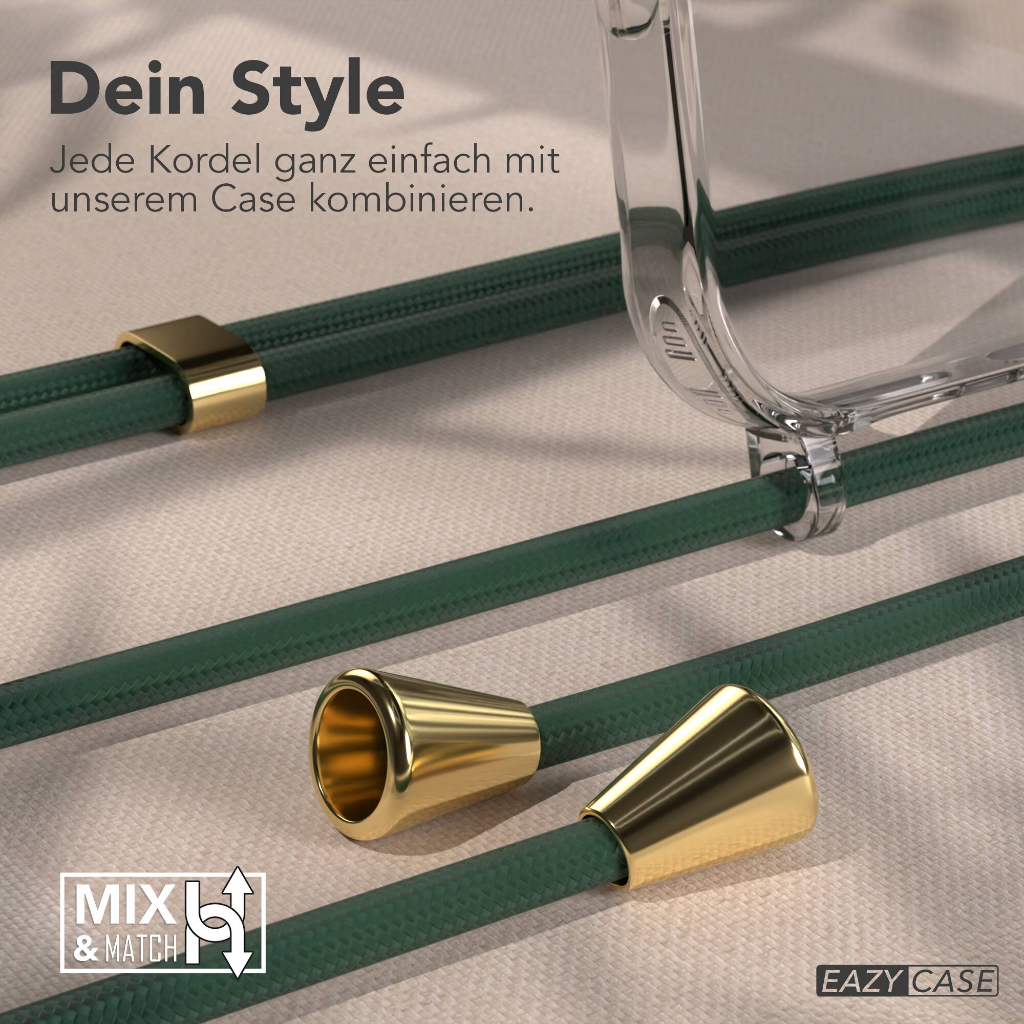 Transparente Handyhülle mit grüner Kordel und goldenen Metallakzenten.