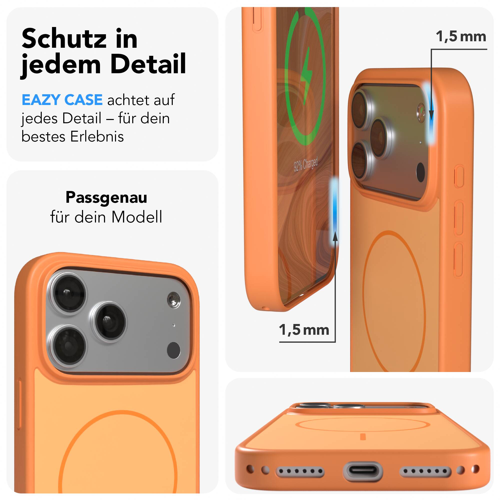 Detaillierte Ansichten einer orangefarbenen Eazy Case Handyhülle mit Maßangaben für Schutz und Kamera.