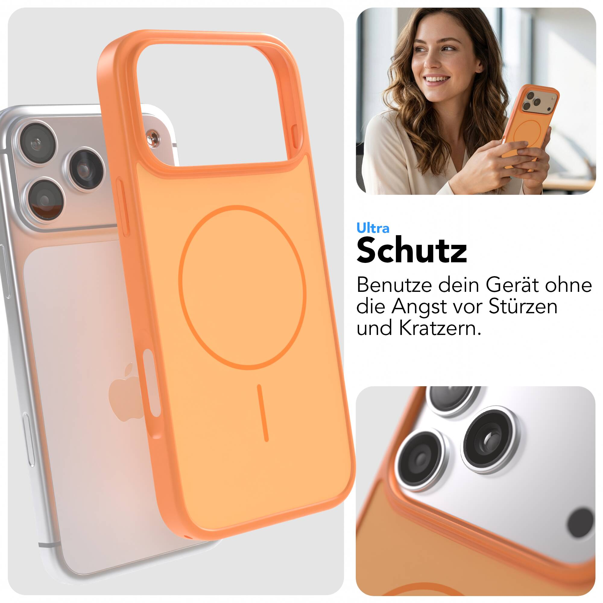 Oranger Handybumper auf einem iPhone, mit deutscher Schutz-Werbung und einer Frau, die das Handy hält.