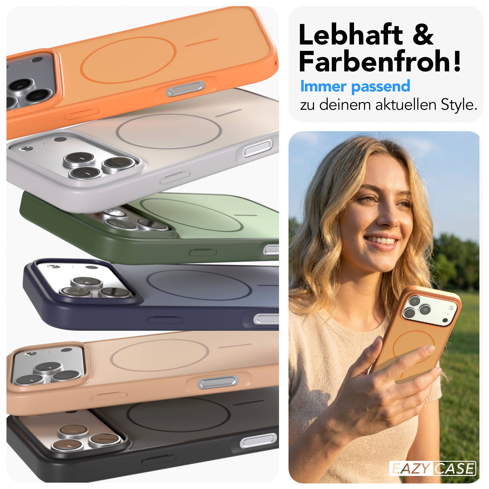 Stapel bunter Smartphone-Hüllen und blonde Frau mit orangefarbener Hülle im Freien.