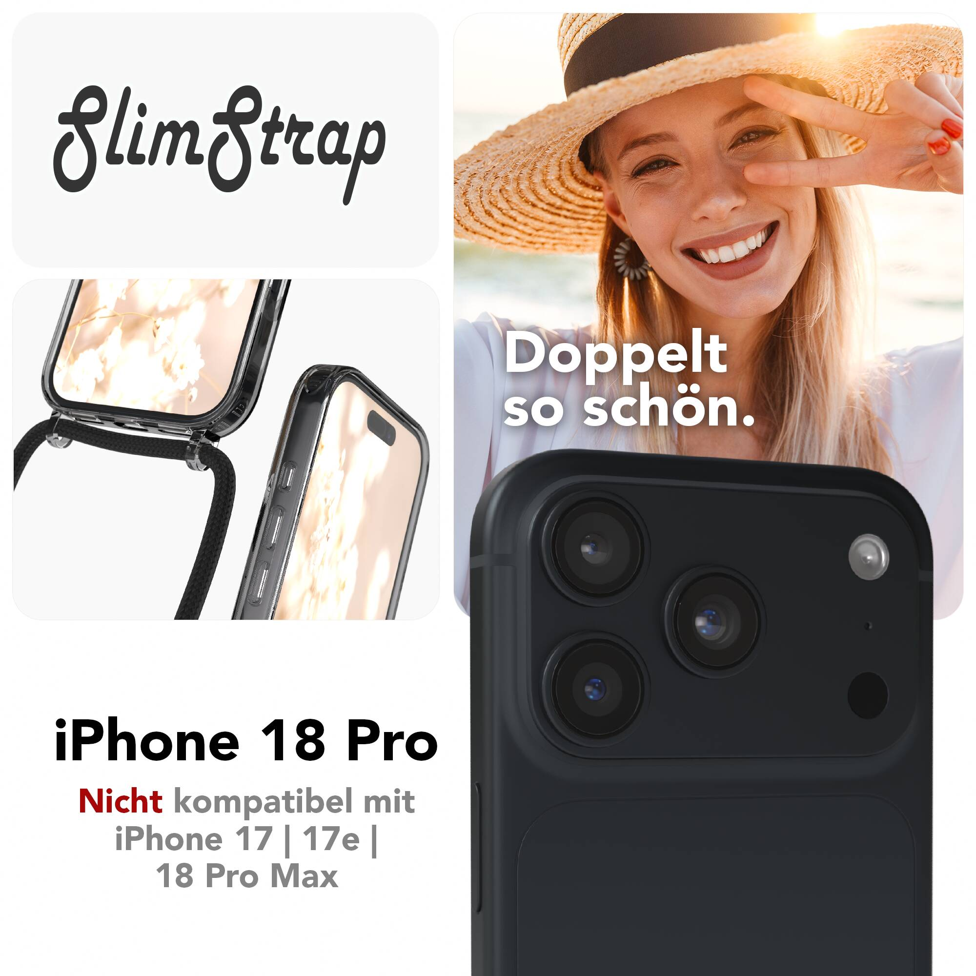 SlimStrap Handyhülle für iPhone 18 Pro mit Frau im Hintergrund und Kameradetail.