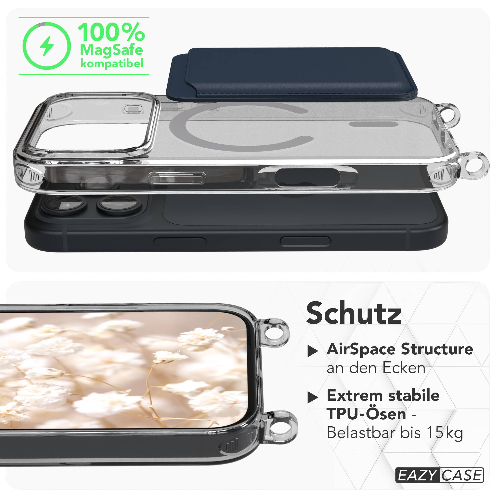 Transparente Schutzhülle mit MagSafe und robusten TPU-Ösen für Trageschlaufen an der Seite.