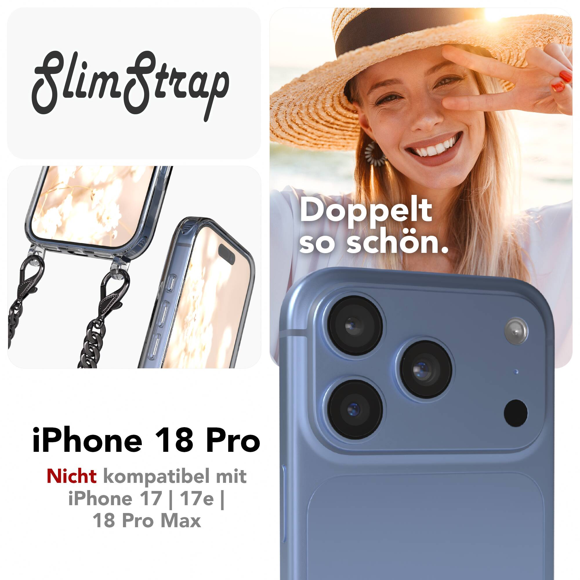 Werbung für SlimStrap mit lächelnder Frau, blauer Handyhülle mit Band und Text zum iPhone 18 Pro.