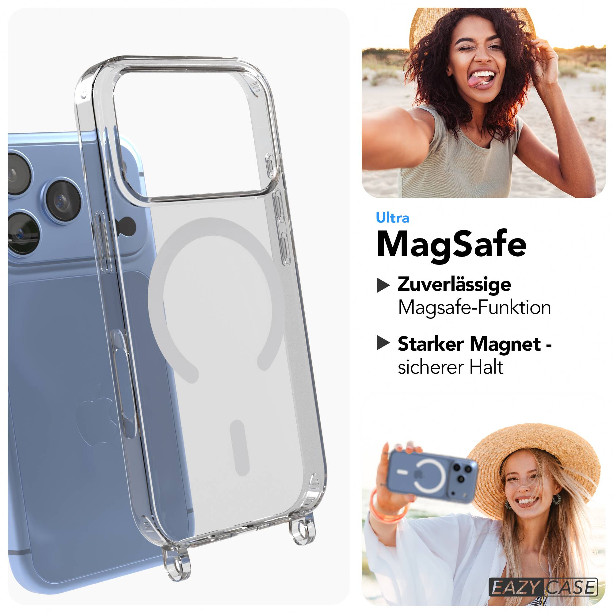 Transparente MagSafe-Handyhülle mit zwei Frauen, die Selfies am Strand machen.