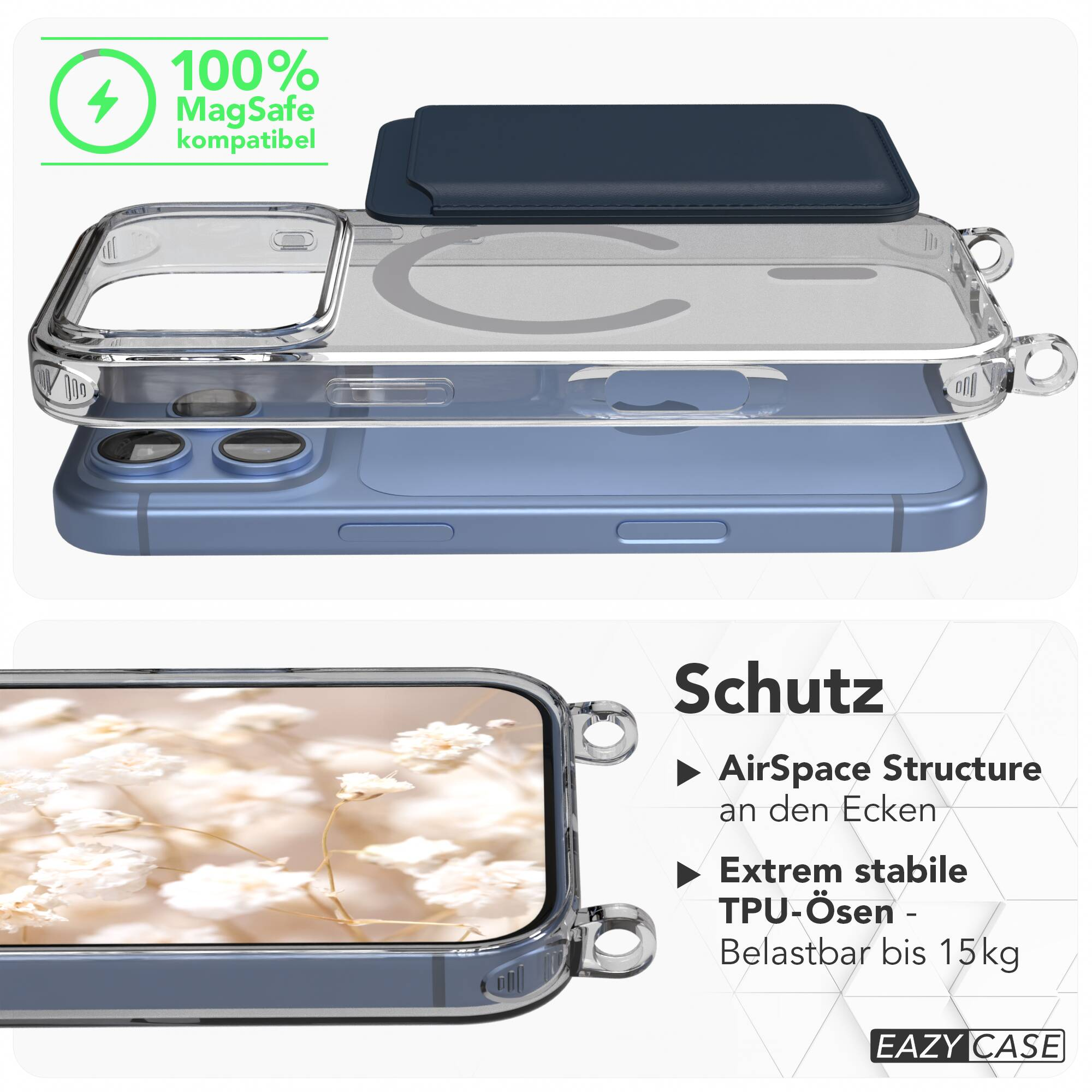 Transparente Handyhülle mit MagSafe und stabilen Ecken auf blauem Smartphone.