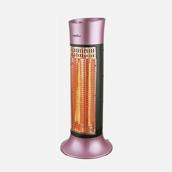 Un calefactor de torre rosa y negro con un elemento calefactor naranja brillante dentro de una rejilla metálica.