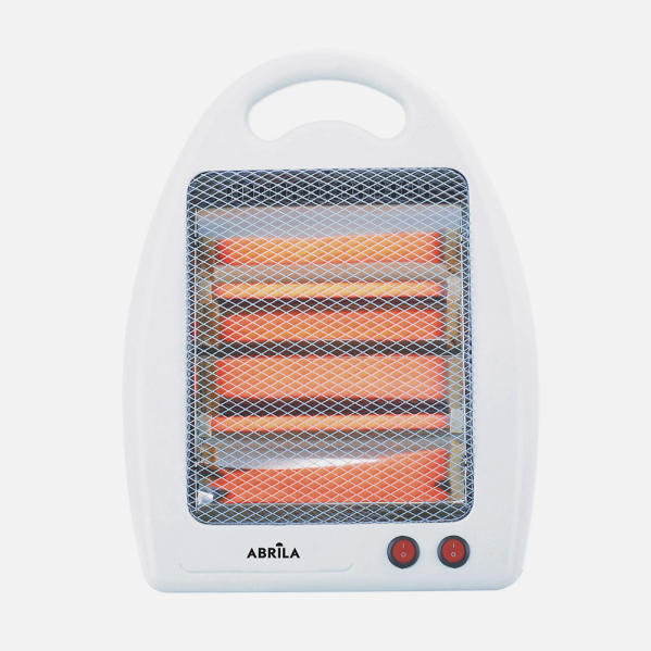 Un calefactor eléctrico blanco con asa, rejilla protectora y elementos calefactores naranjas.