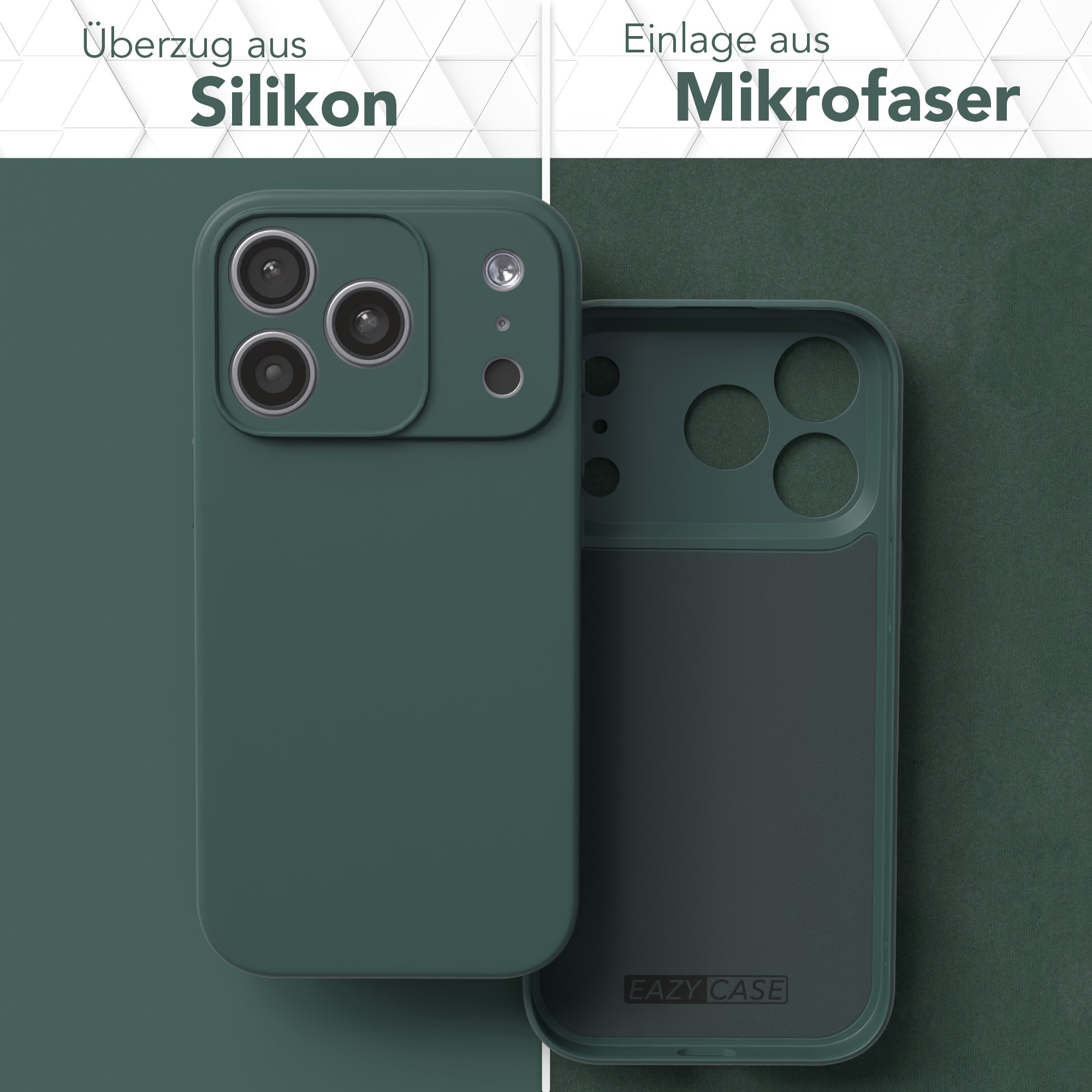 Dunkelgrüne Silikon-Handyhülle mit integriertem Kameraschutz und weicher Mikrofaser-Innenseite.