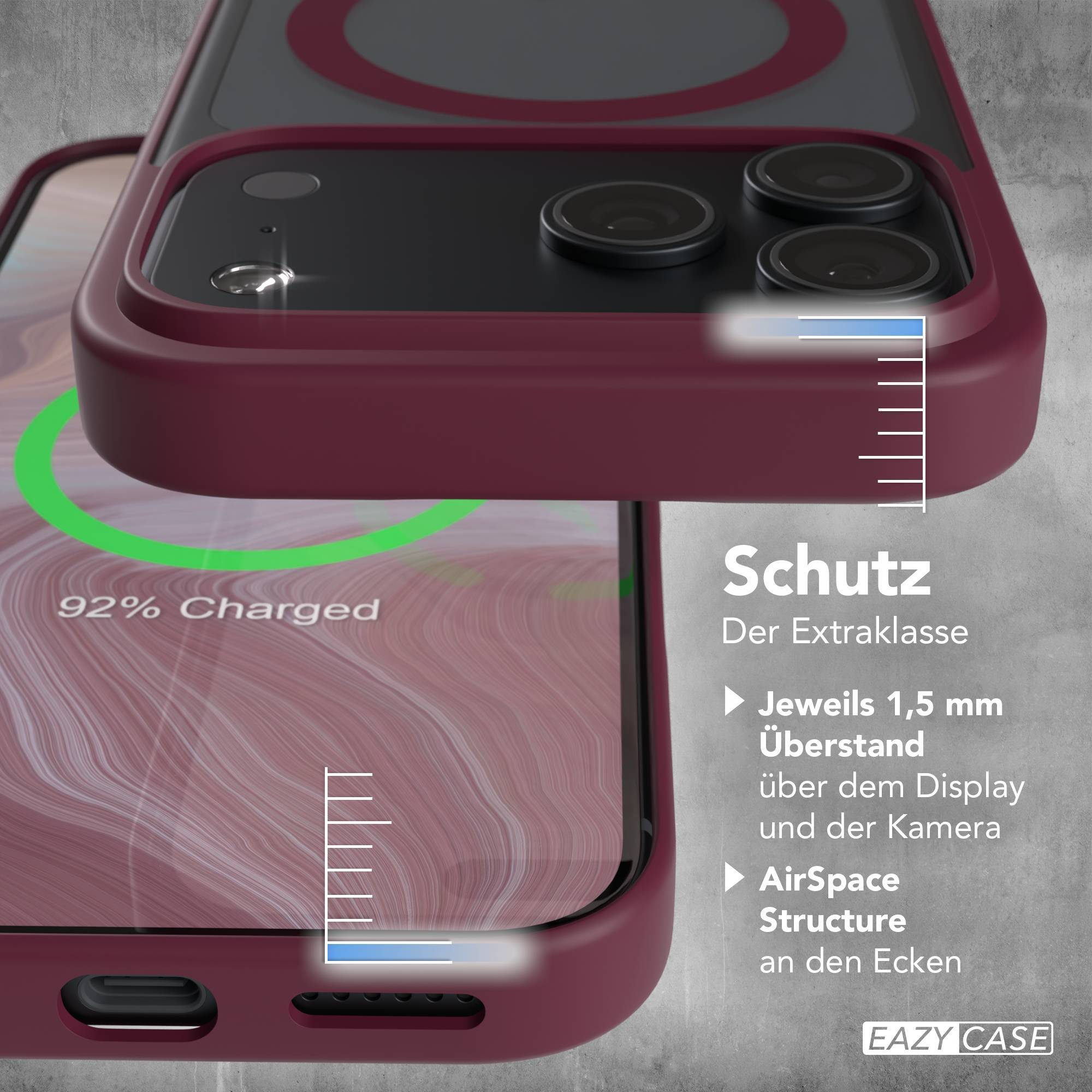 Rote Smartphone-Hülle mit Schutzfeatures und deutscher Textgrafik auf grauem Hintergrund.