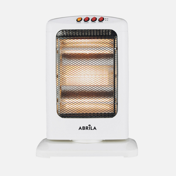 Calefactor eléctrico Abrila blanco con rejilla metálica y elementos incandescentes.
