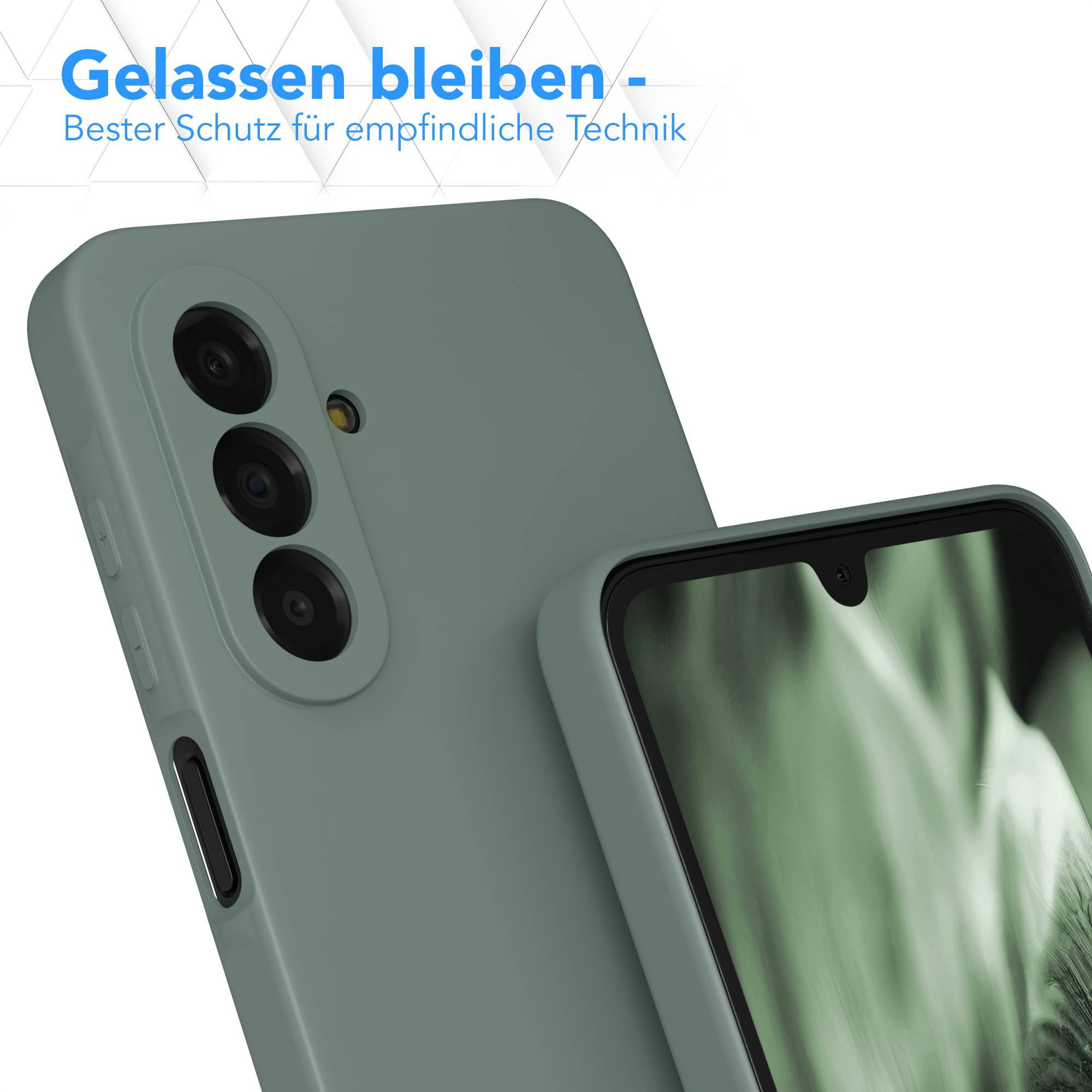 Grünes Smartphone in Schutzhülle mit Dreifachkamera. Text oben.