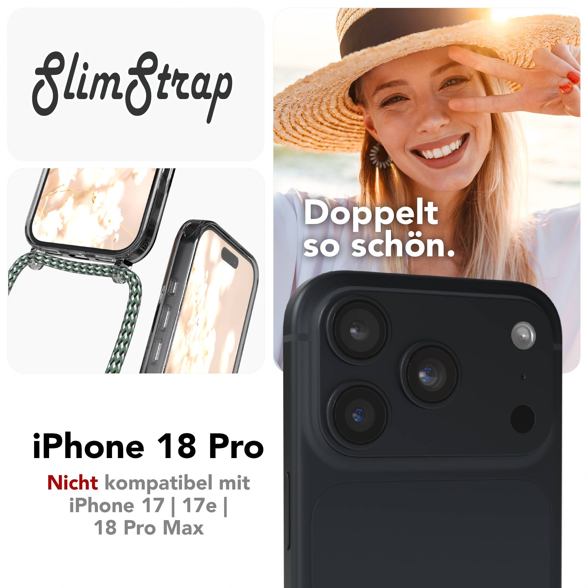 SlimStrap Hülle für iPhone 18 Pro mit Frau im Hintergrund und Kameraansicht.