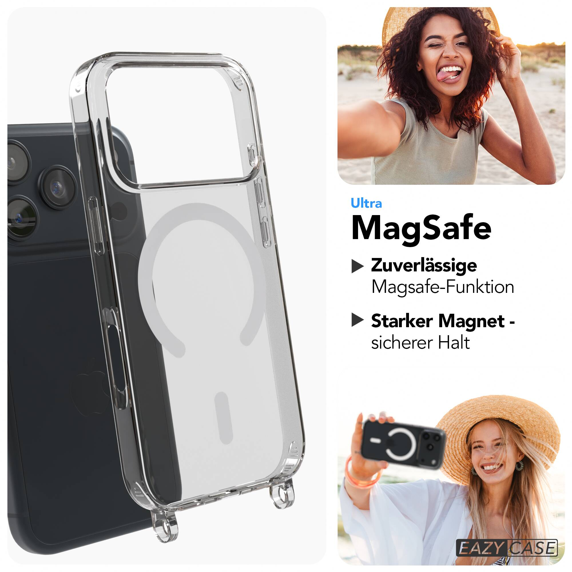 Transparente Handyhülle mit MagSafe und zwei Frauen, die Selfies am Strand machen.
