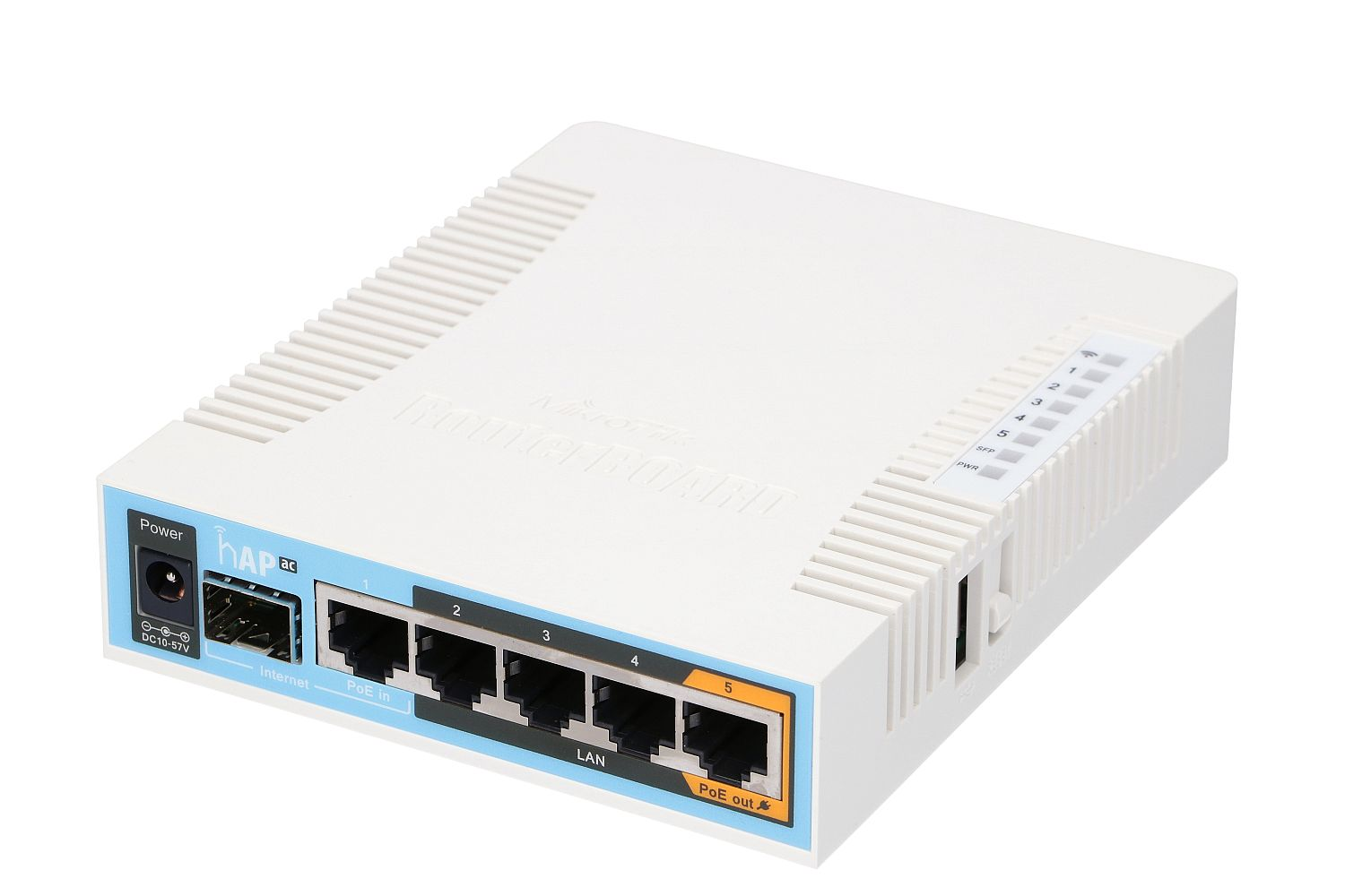 Un router blanco MikroTik hAP ac con múltiples puertos Ethernet sobre una superficie blanca.