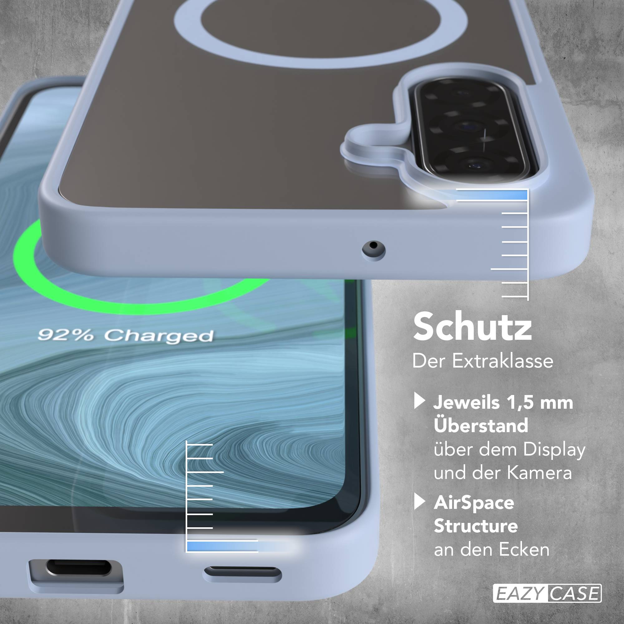 Blaue Smartphone-Schutzhülle mit Kameraausschnitt und deutscher Produktbeschreibung auf grauem Hintergrund.