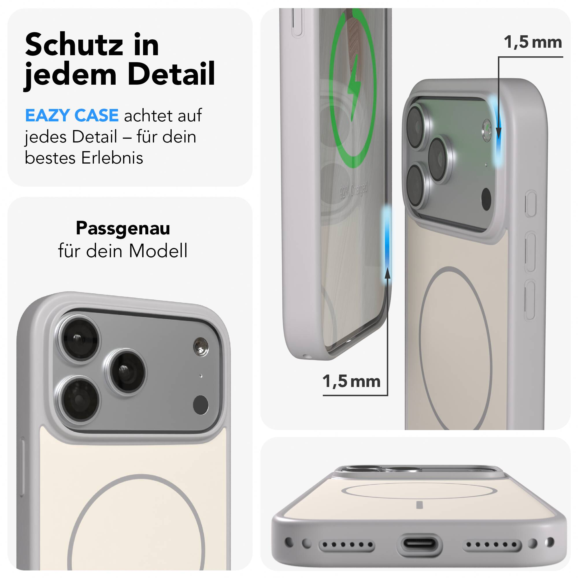 Vier Ansichten einer grauen Handyhülle mit 1,5 mm Schutzkante und präzisen Ausschnitten für Tasten und Kameras.