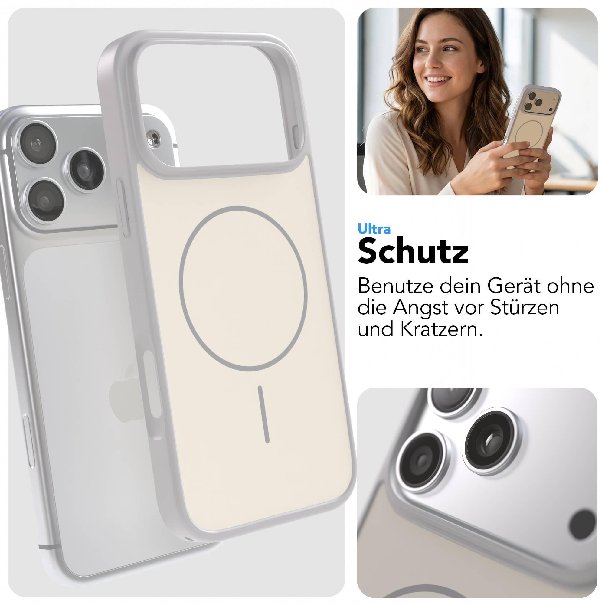 Eine graue Smartphone-Hülle mit MagSafe-Ring und deutscher Werbeinschrift, daneben eine lächelnde Frau.