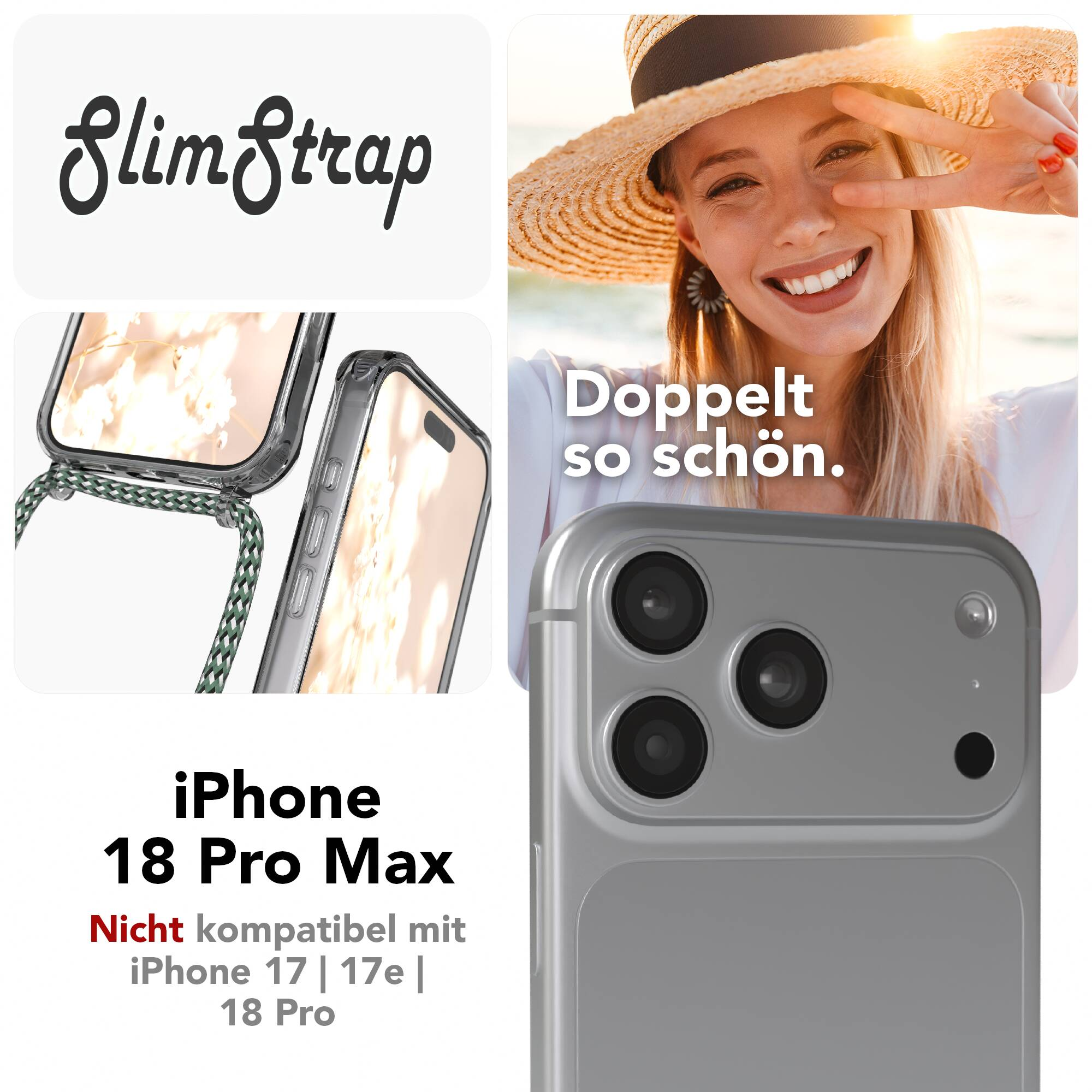Werbung für iPhone 18 Pro Max Hülle mit Band, zeigt lächelnde Frau und Handydetails.
