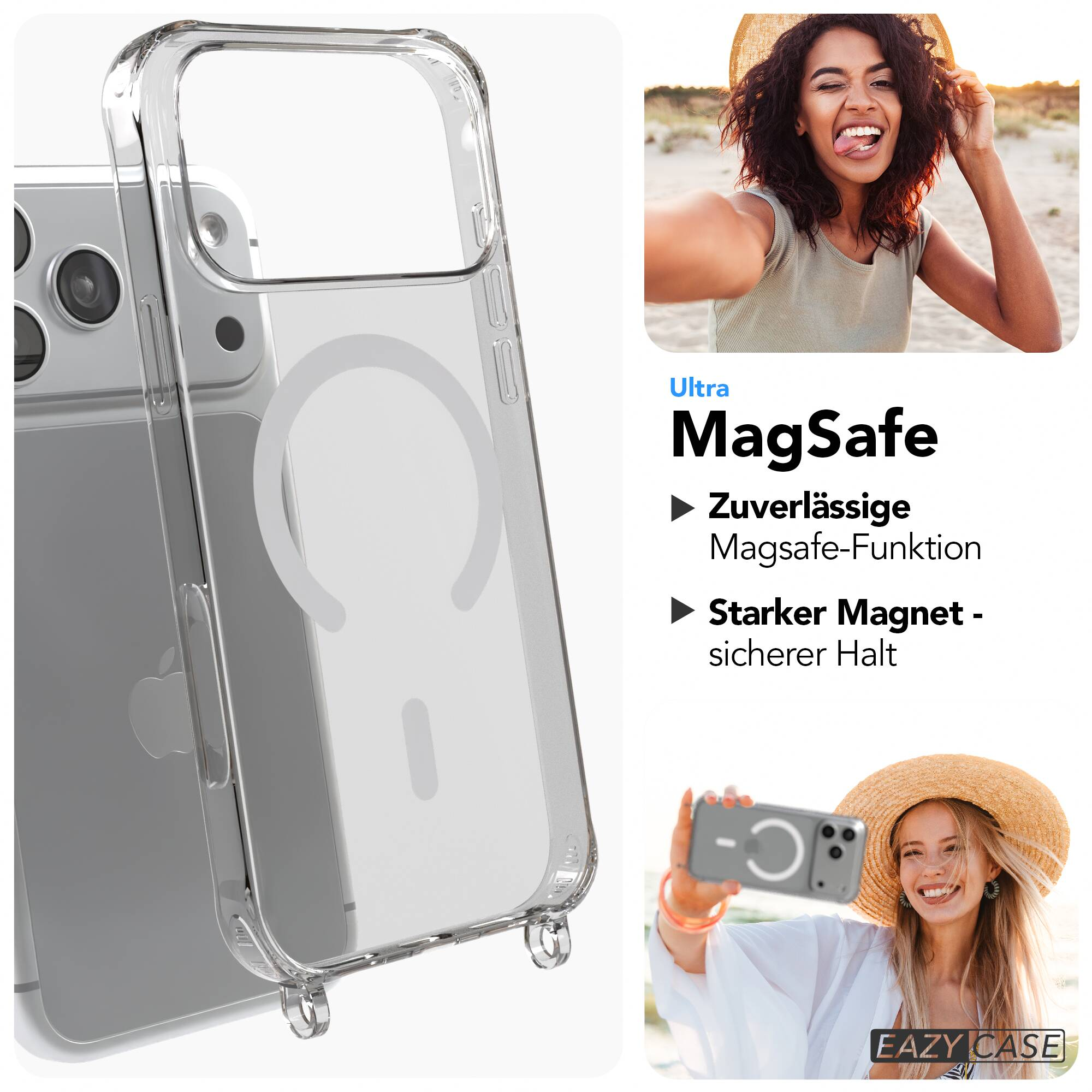Transparente MagSafe-Handyhülle mit starkem Magneten und zwei Frauen beim Selfie machen am Strand.