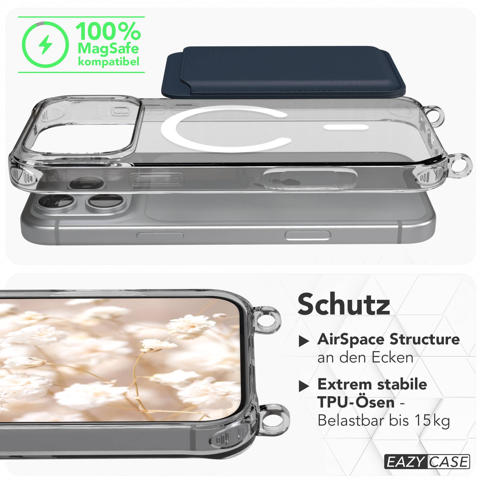 Transparente Handyhülle mit MagSafe und integrierten Ösen für 15 kg Belastung.